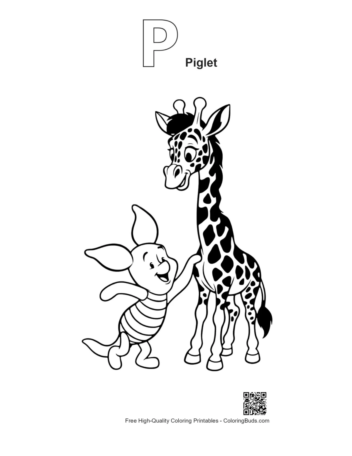 Piglet Giraffe printable with P alphabet outline