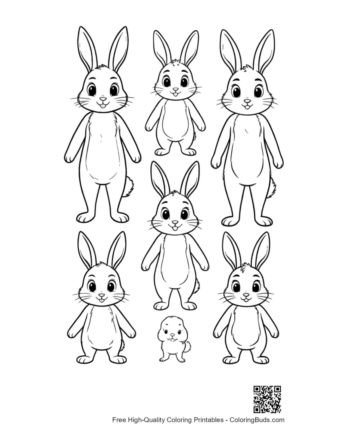 Cute jackrabbit family lineup coloring page
