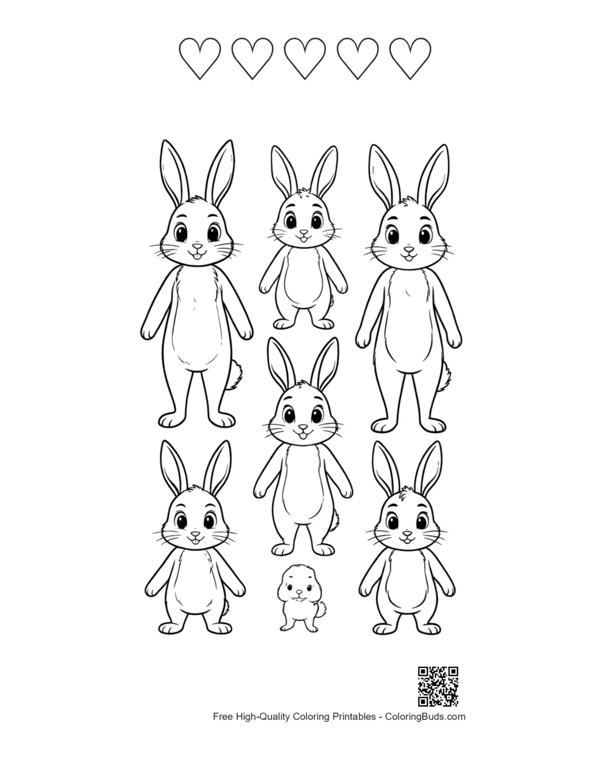 Jackrabbit family with heart outlines printable