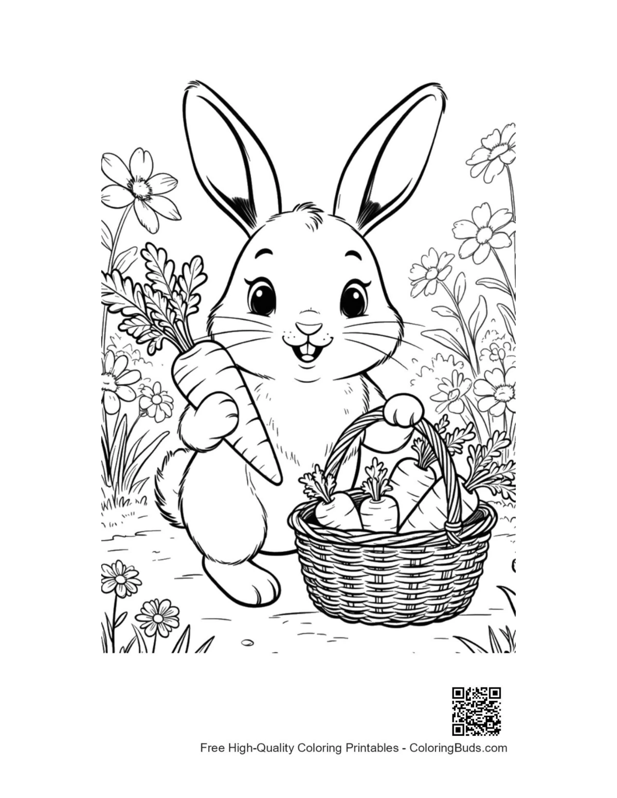 Adorable rabbit bunny with woven egg basket coloring printable