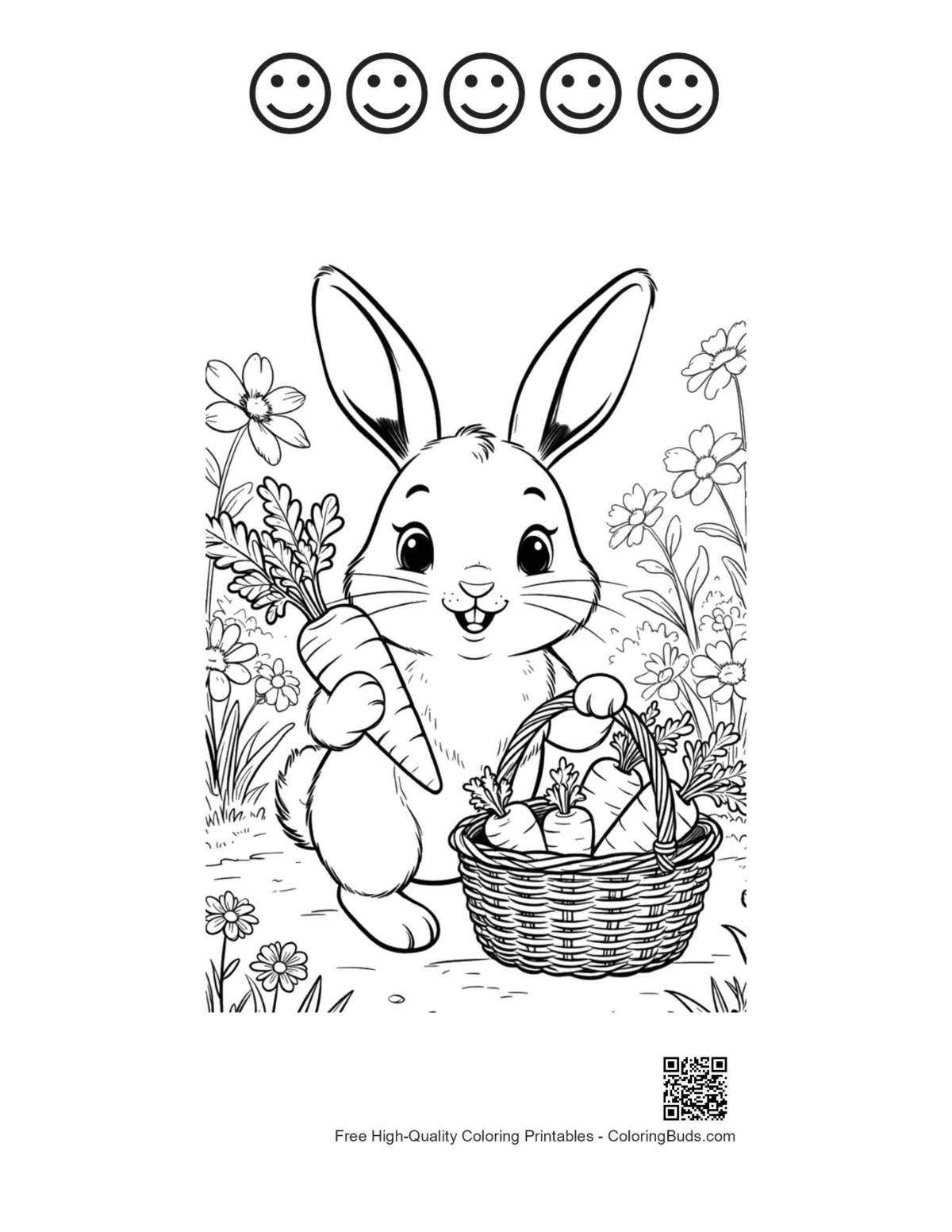 Adorable rabbit eggs basket 5 happy faces outline printable