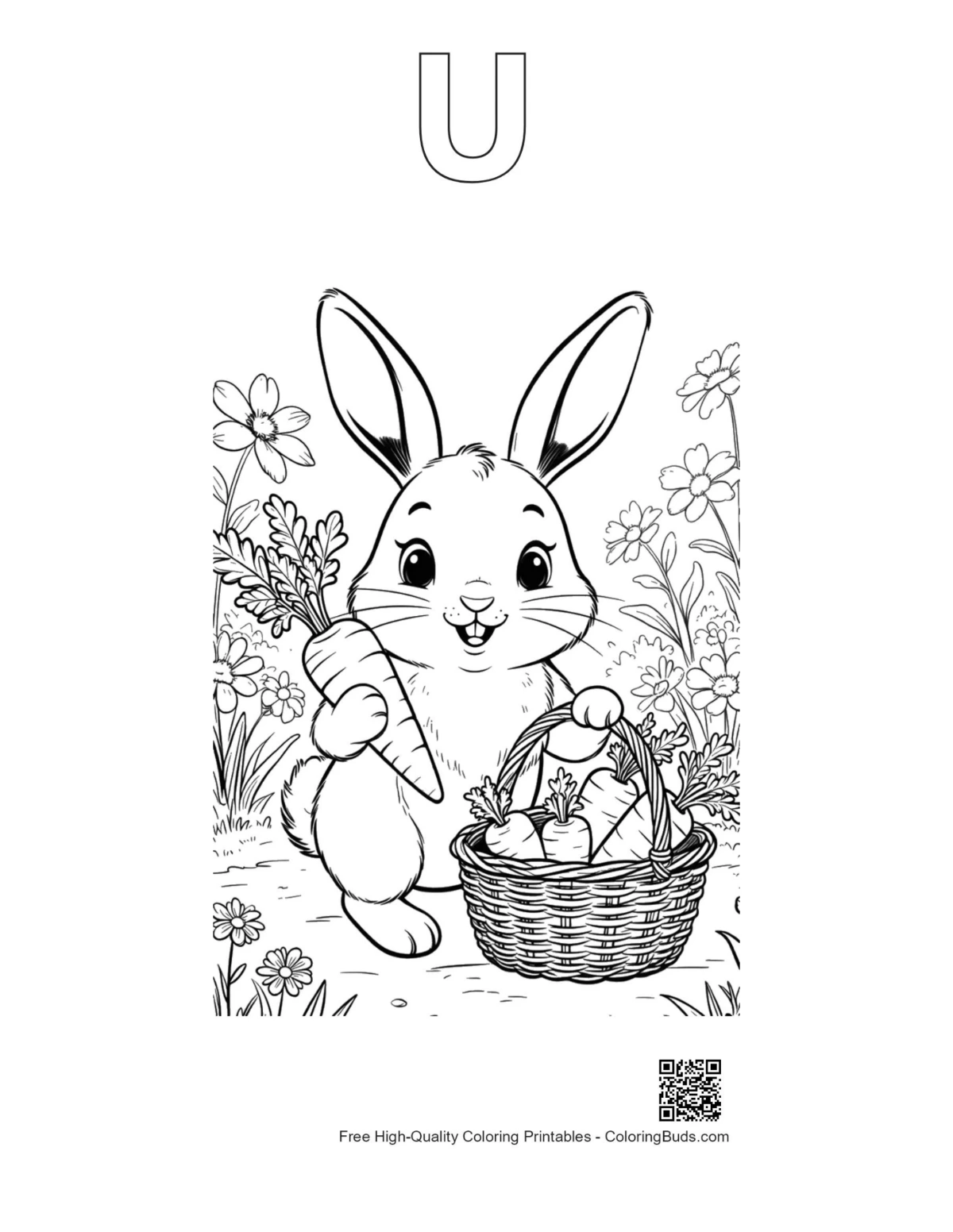 Adorable rabbit eggs basket with alphabet U outline printable