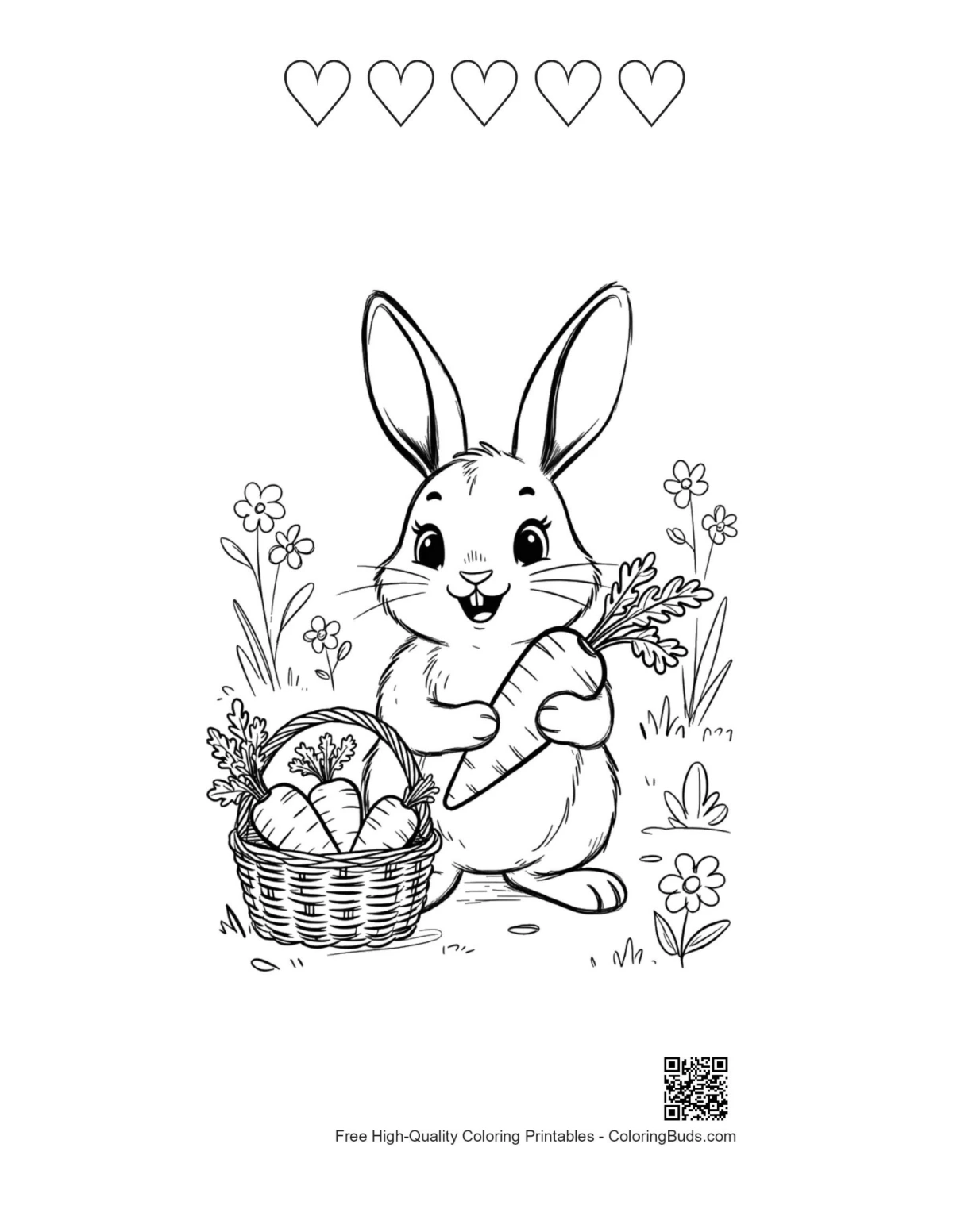 Bunny rabbit with 5 hearts coloring page