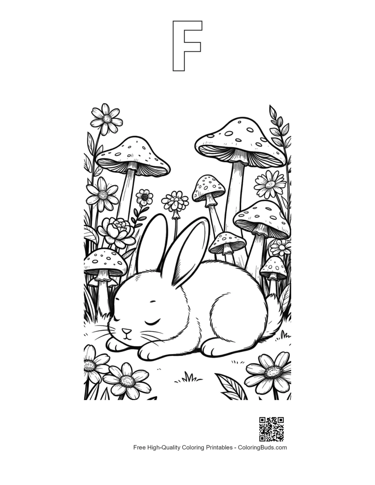 Bunny rabbit outline with alphabet F for kids printable