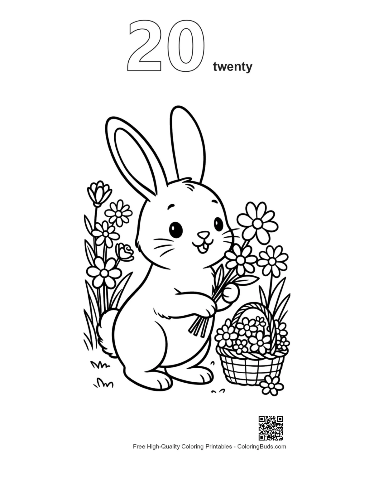 Bunny rabbit outline with number 20 printable