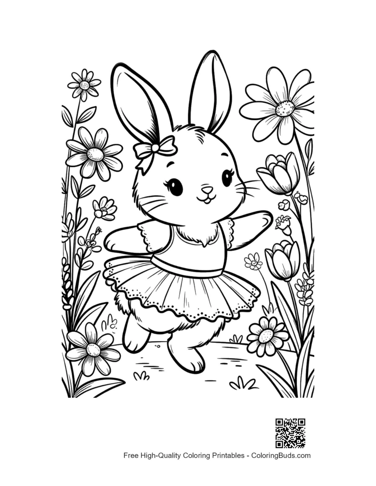 Charming bunny ballerina dancing in spring flowers coloring page