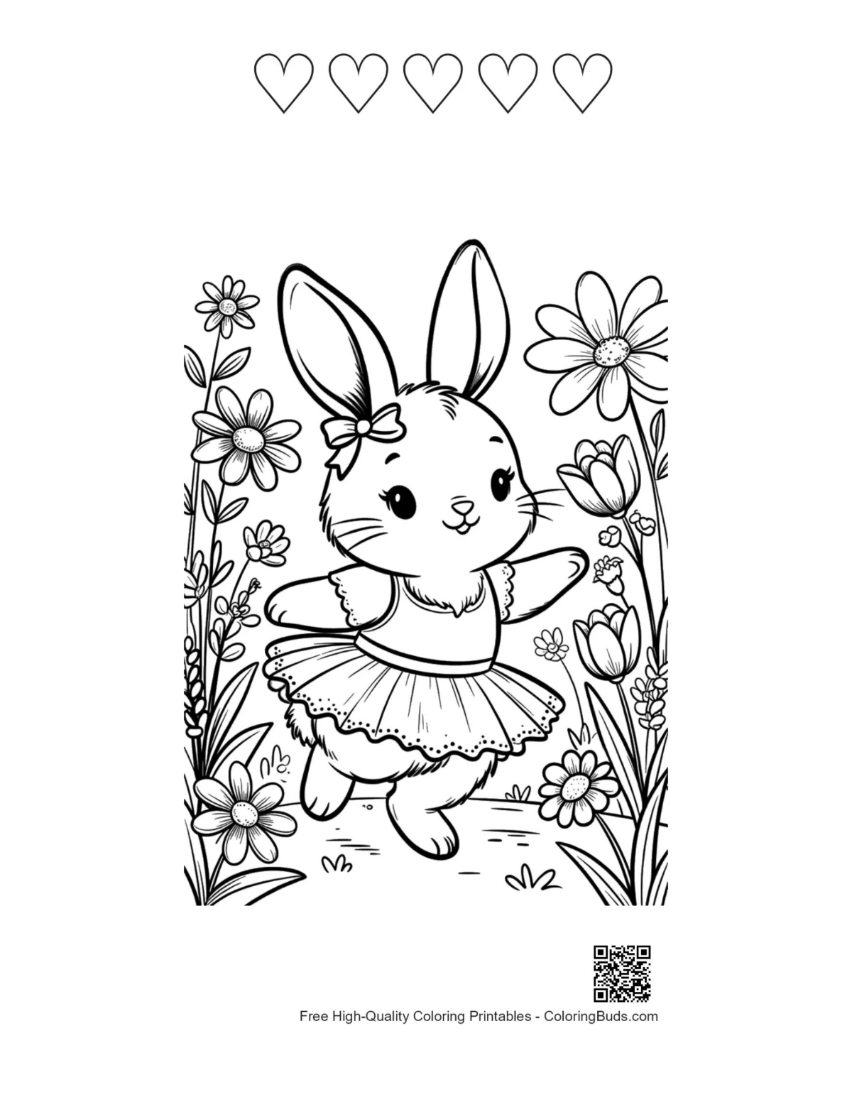 5 heart outline bunny ballerina spring flowers coloring printable