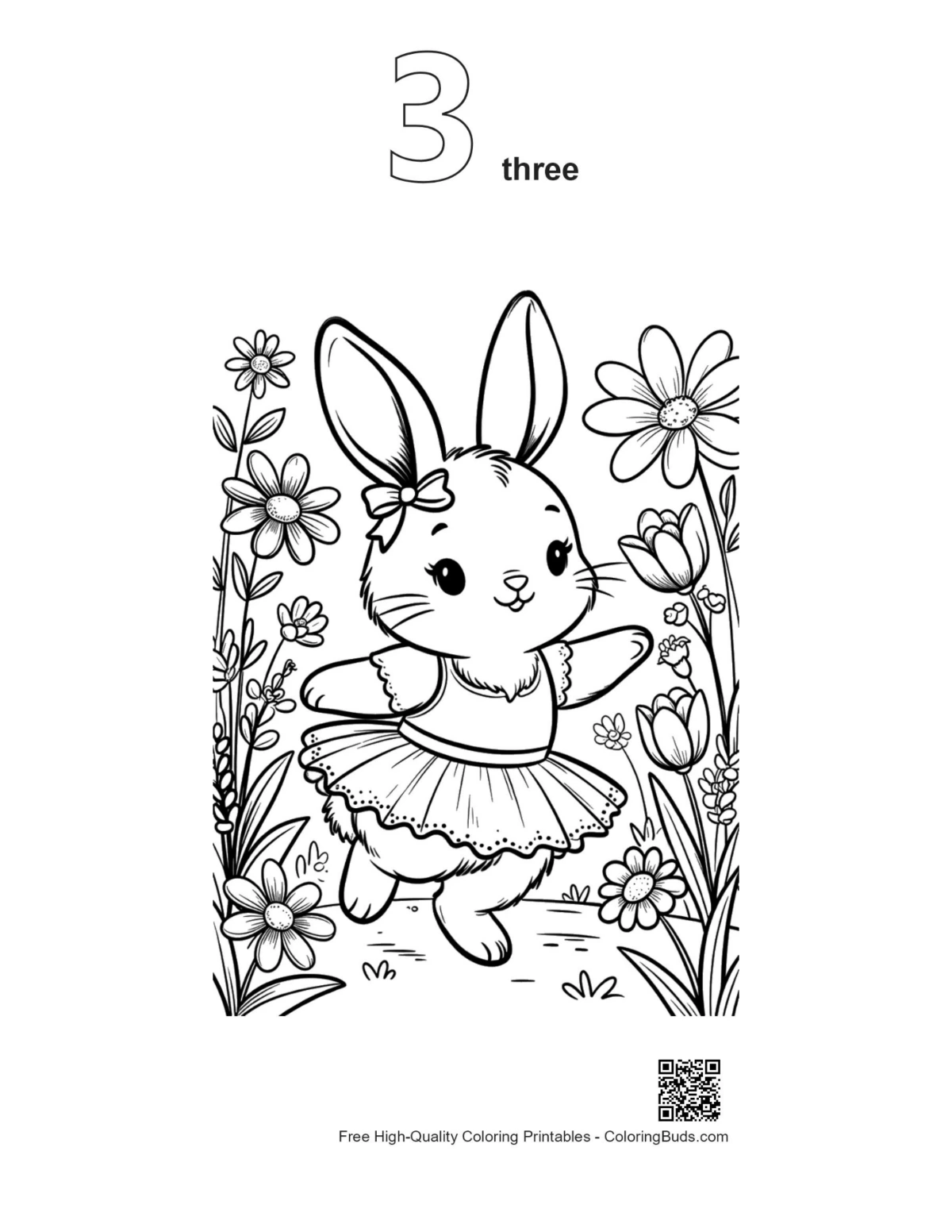 Numbered outline 3 bunny ballerina spring flowers printable