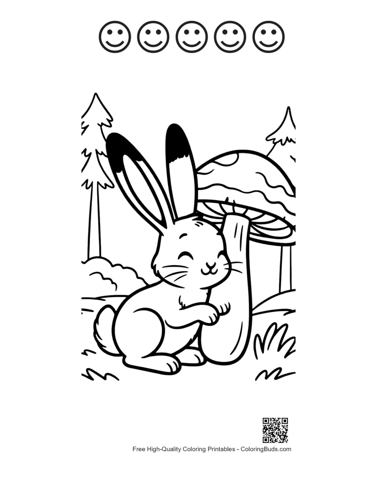 Jackrabbit on mushroom with 5 happy faces printable