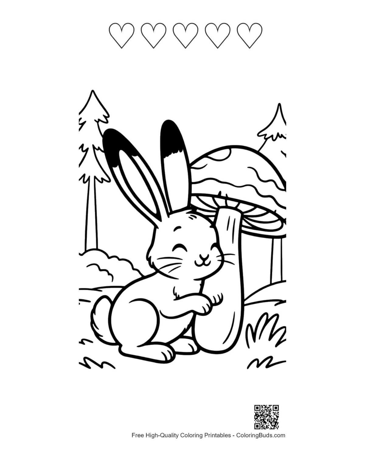 Cute jackrabbit mushroom hearts outline printable