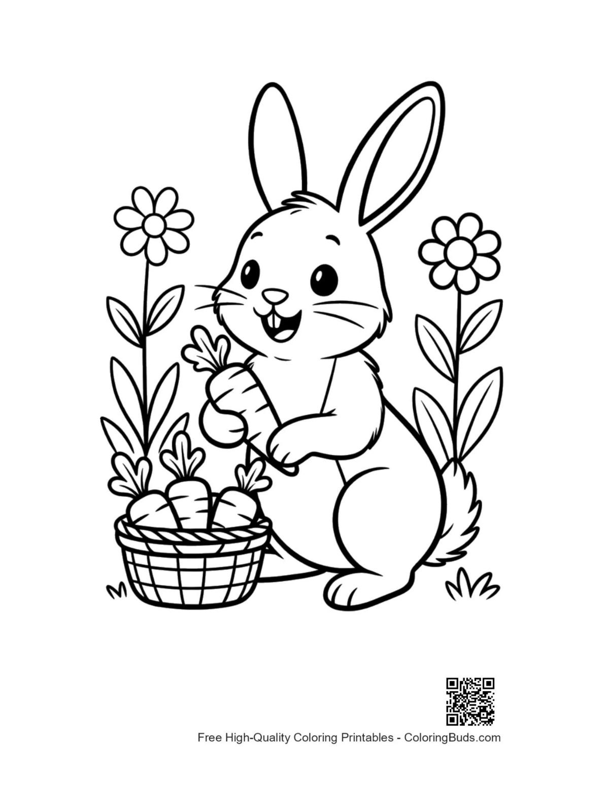 Cute baby bunny with Easter egg in flower garden