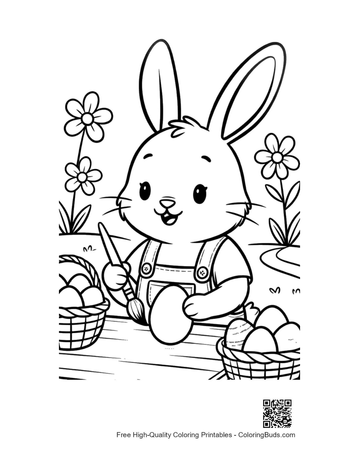 Cute bunny in overalls painting Easter eggs printable