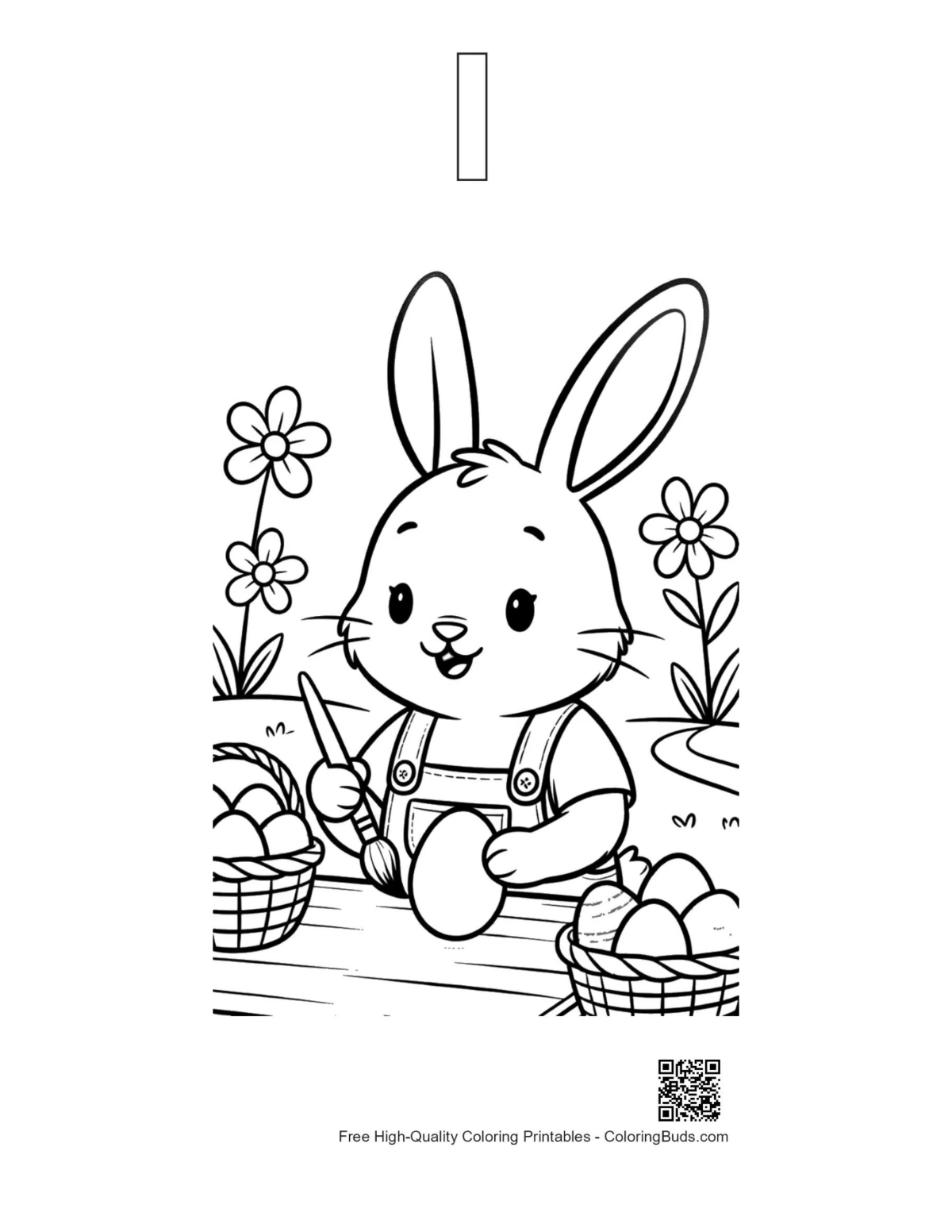 Bunny in overalls eggs printable with letter I outline