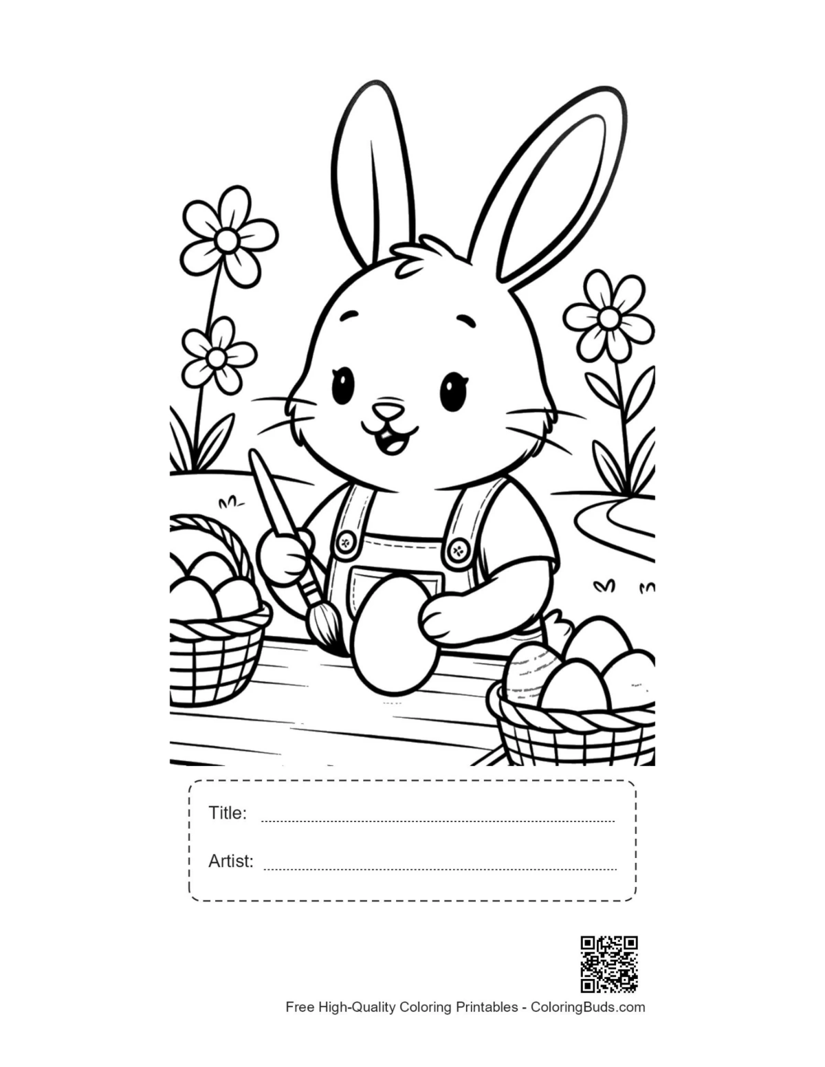 Cute bunny painting eggs printable with title box