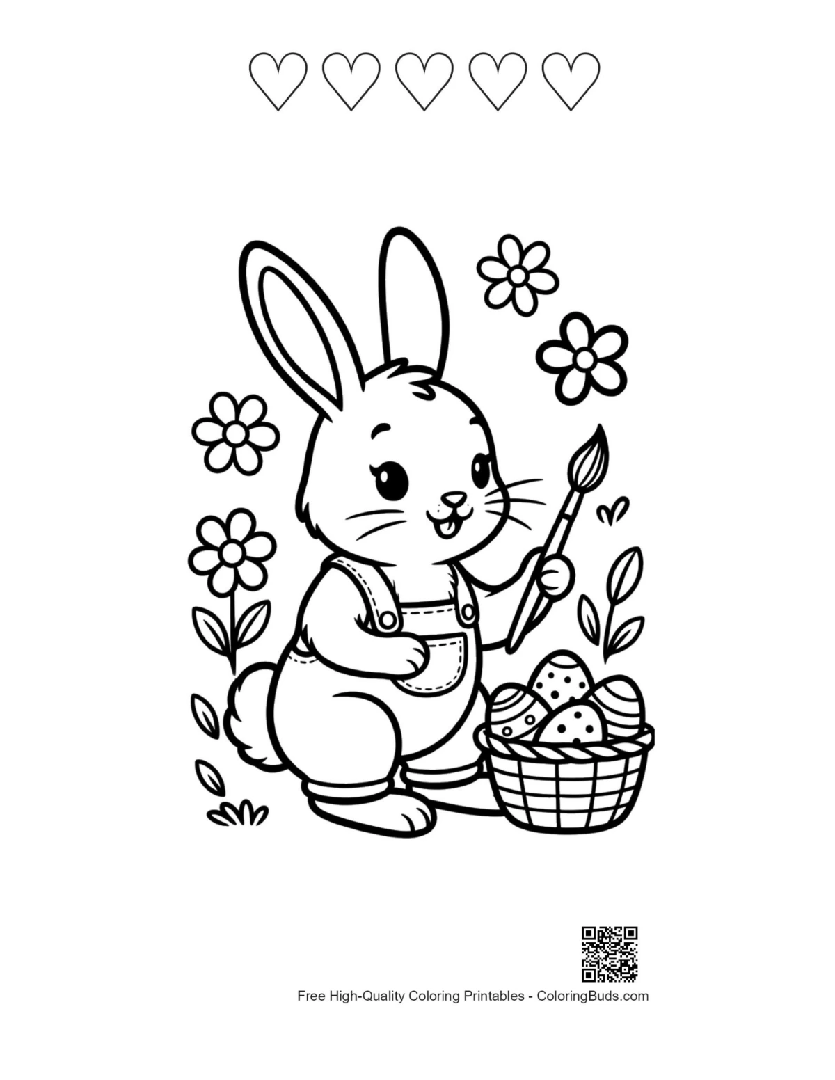 Cute bunny rabbit sheet with 5 heart outlines printable