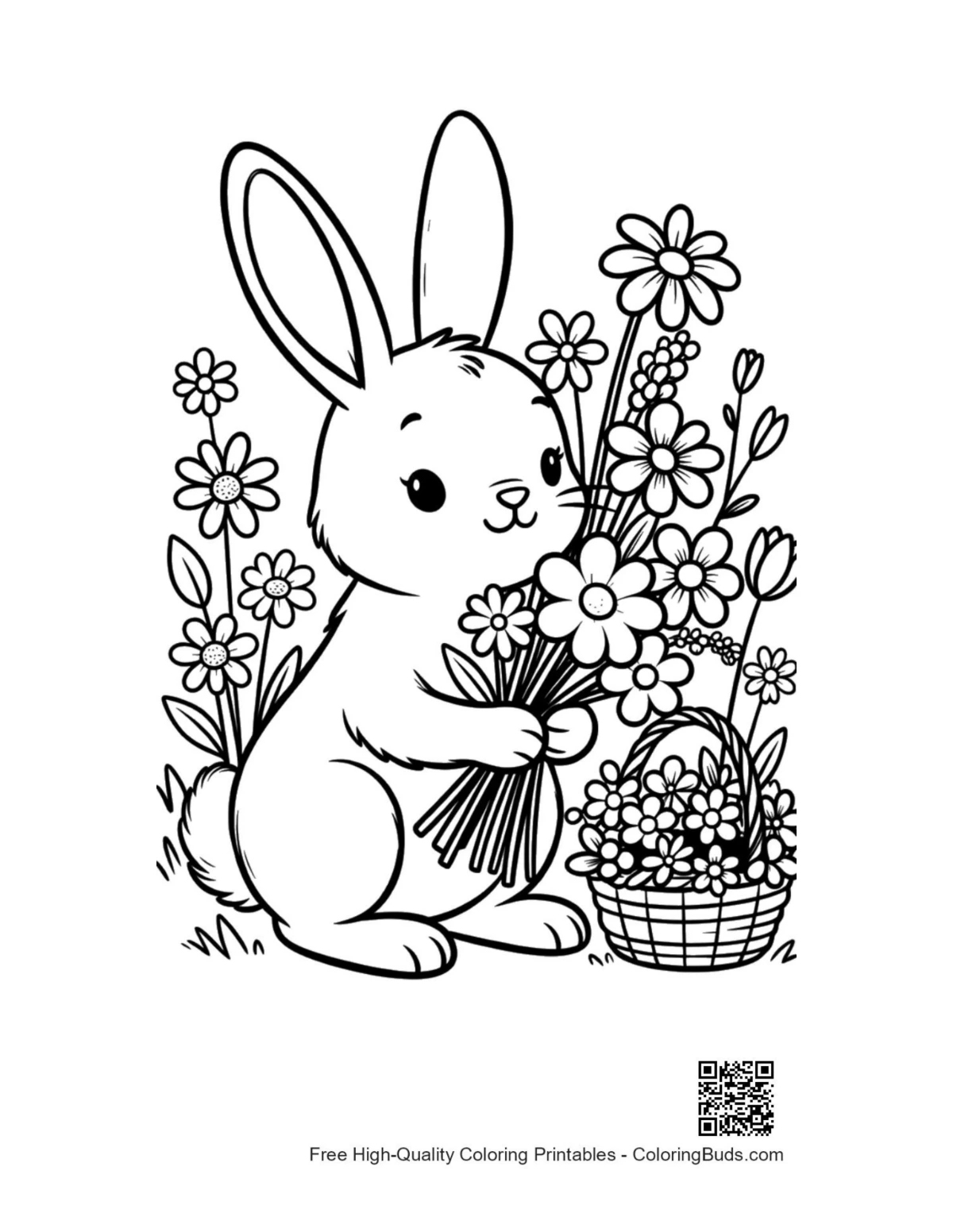 Cute bunny rabbit with large spring flowers bouquet printable