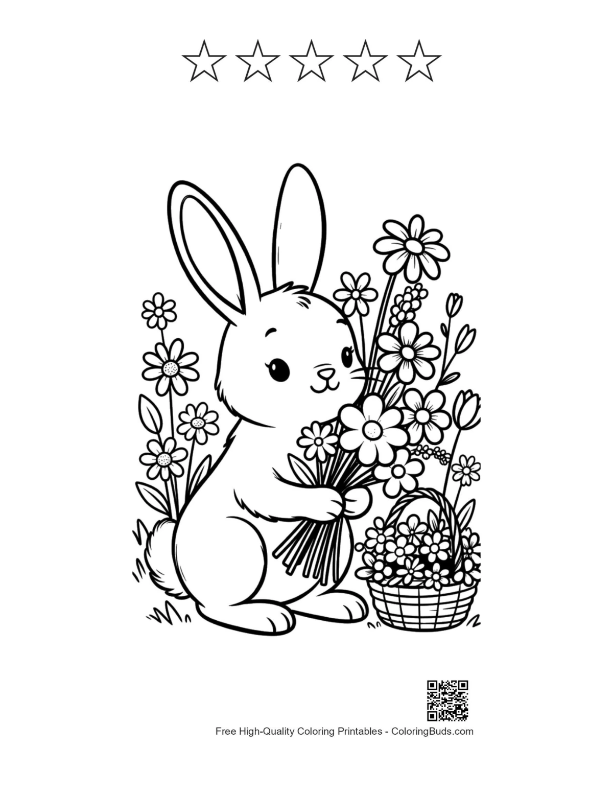 Cute bunny rabbit flowers printable with 5 star outlines