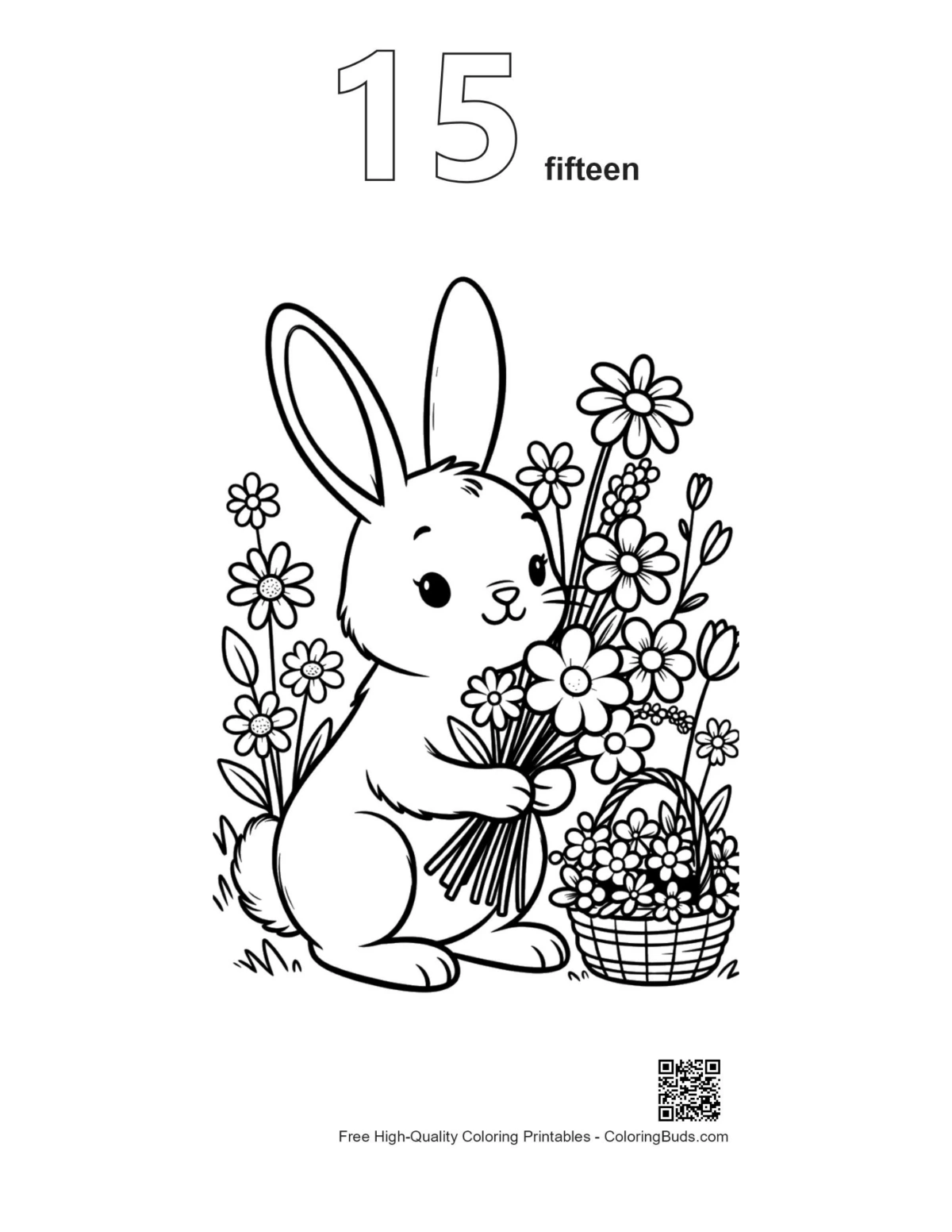 Bunny Rabbit coloring pages outline number 15 spring flowers