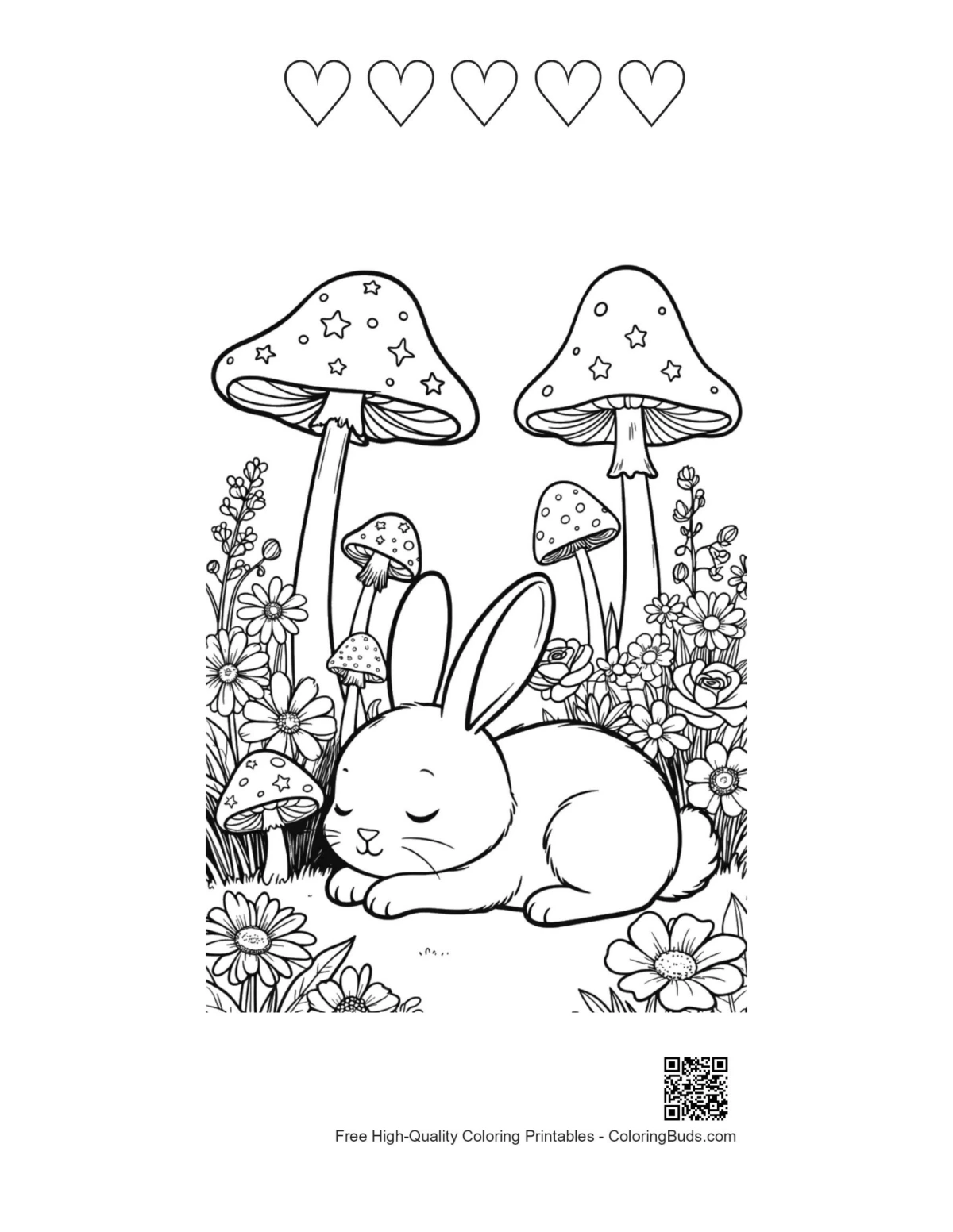 Easy Bunny Rabbit printable with 5 hearts outline