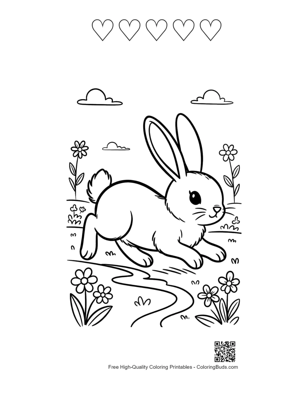 Bunny rabbit printable with 5 heart outlines