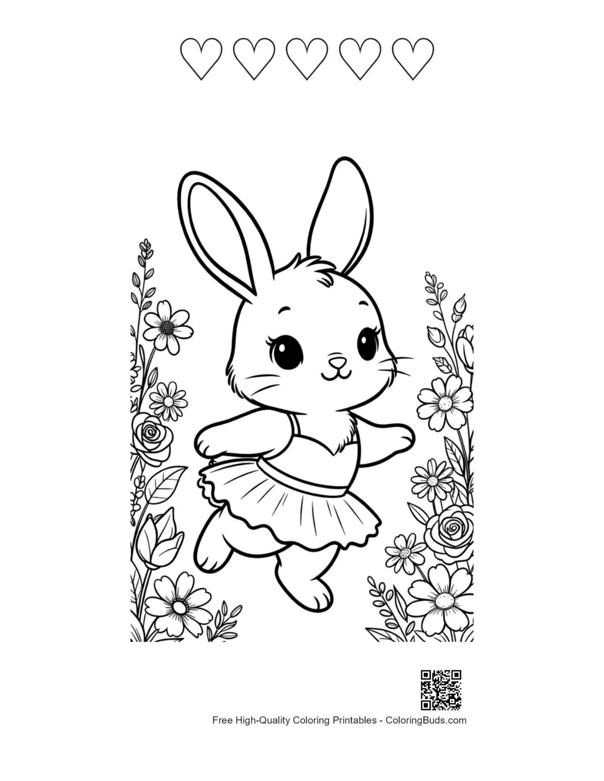 Flower meadow bunny with 5 heart outline printable