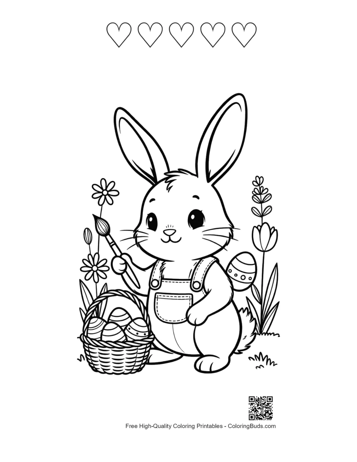 Bunny painting egg with 5 heart outlines page