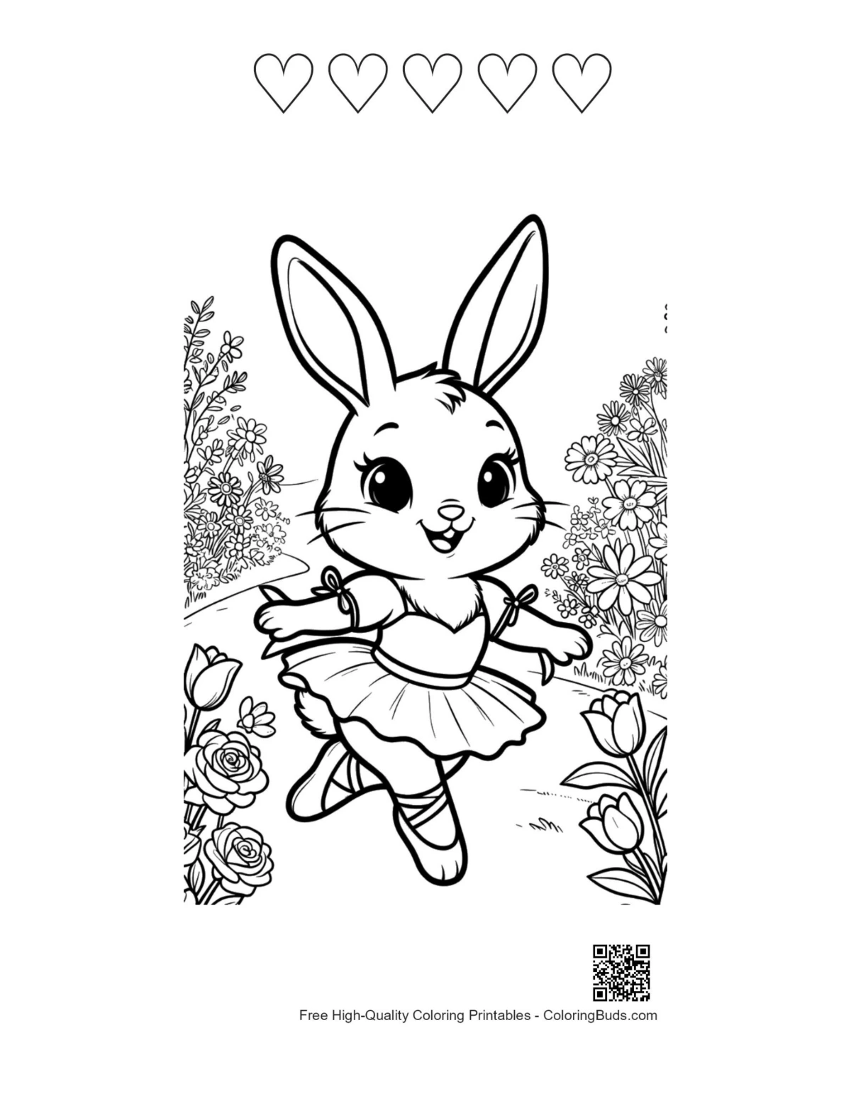 Bunny rabbit twirling blossoms 5 heart outlines