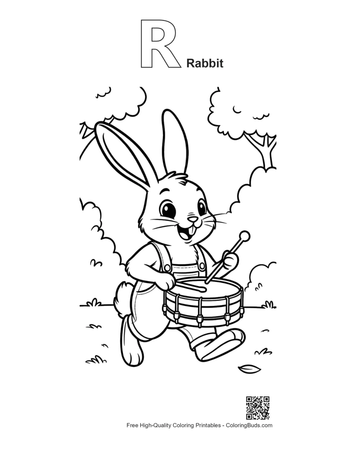 Jackrabbit drum printable outline alphabet R rabbit