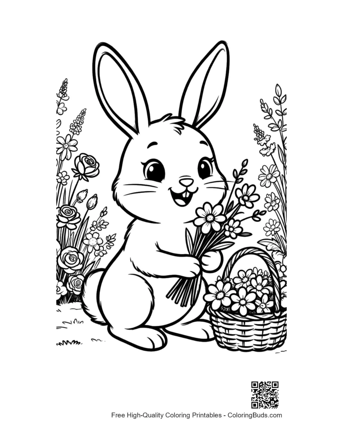 Playful bunny holding wild flowers garden coloring printable