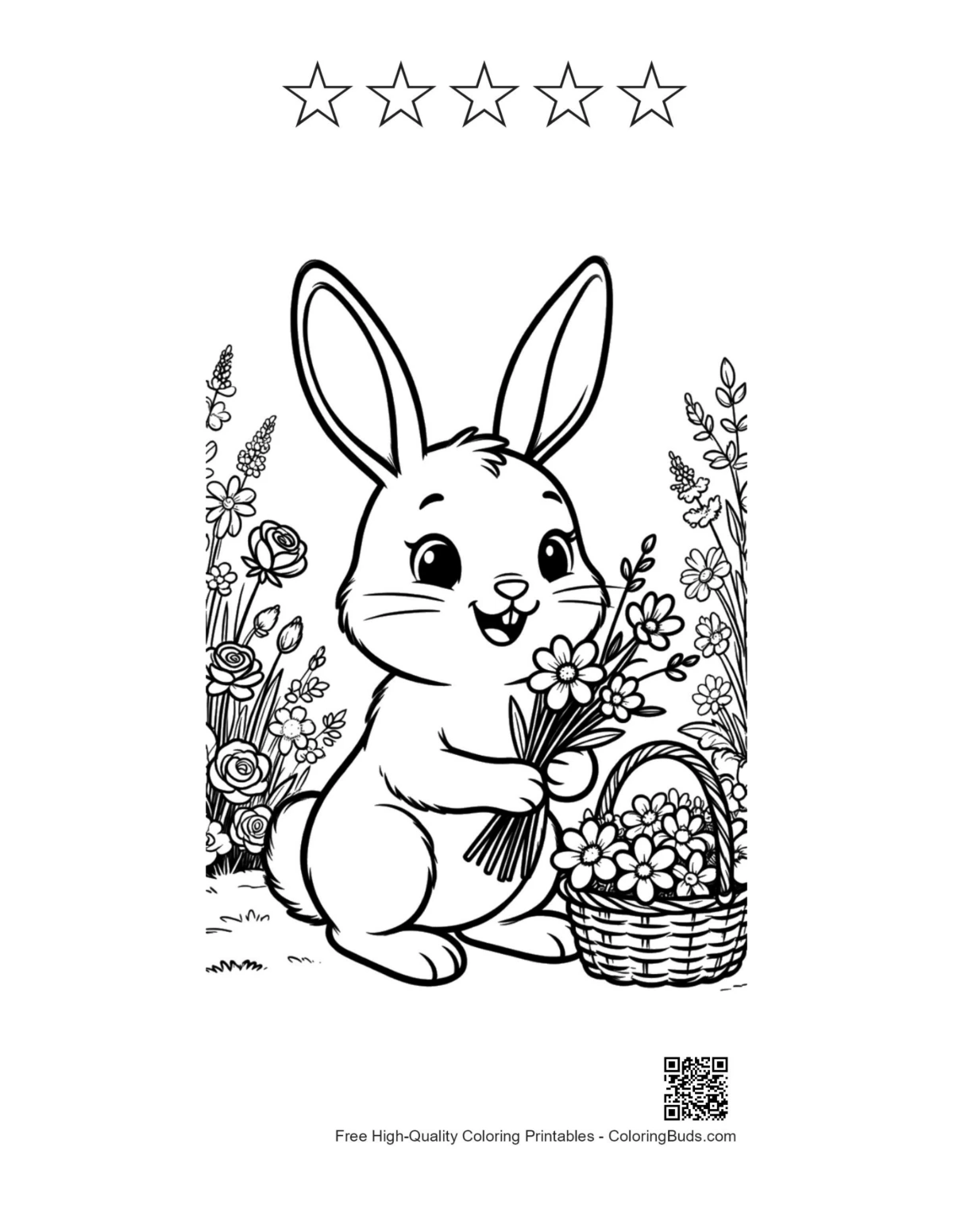 Playful bunny wild flowers with 5 star outlines printable