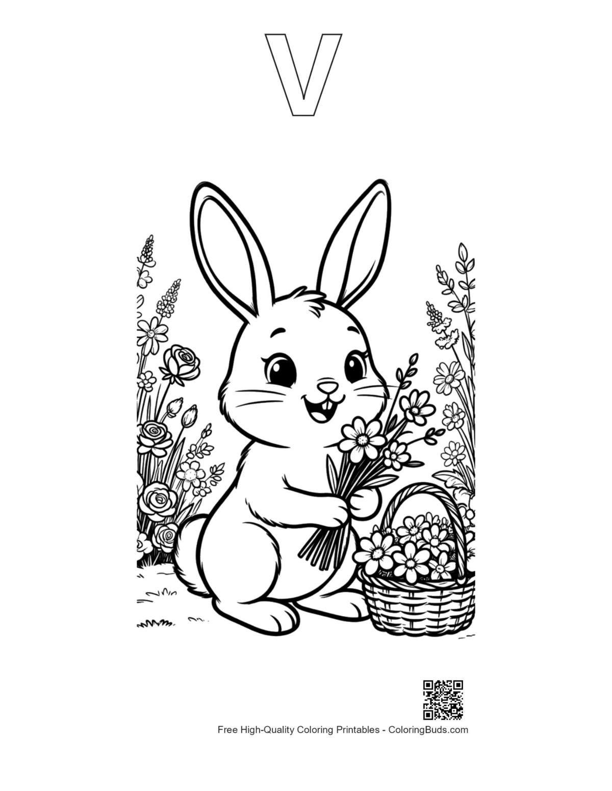 Playful bunny flowers garden outline with alphabet V printable