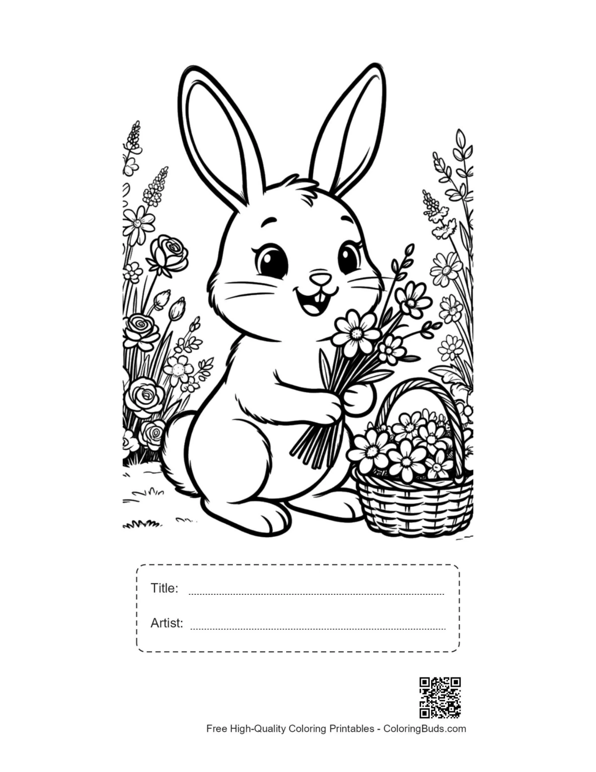 Playful bunny wild flowers printable with title artist box