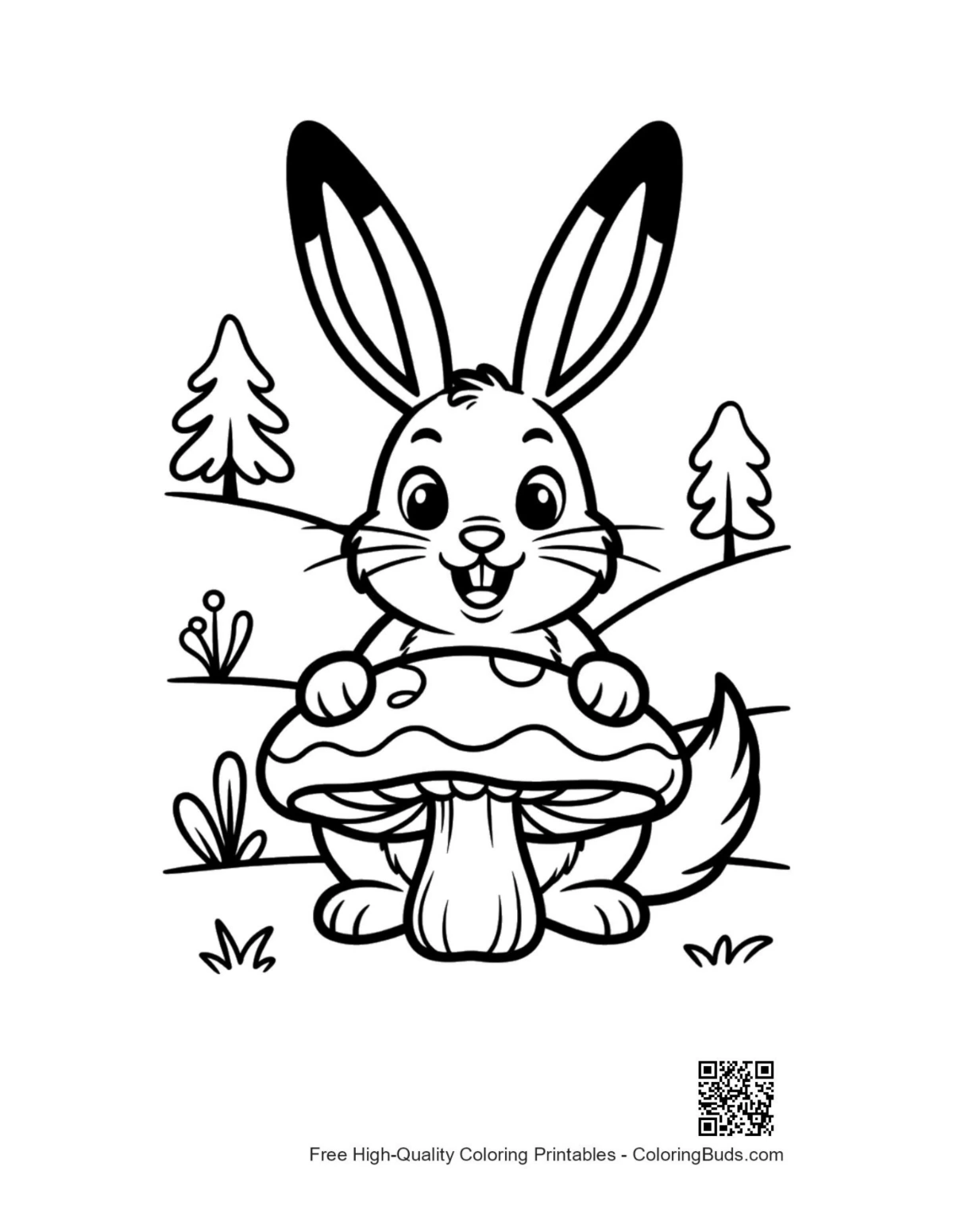Playful jackrabbit on toadstool cap coloring page