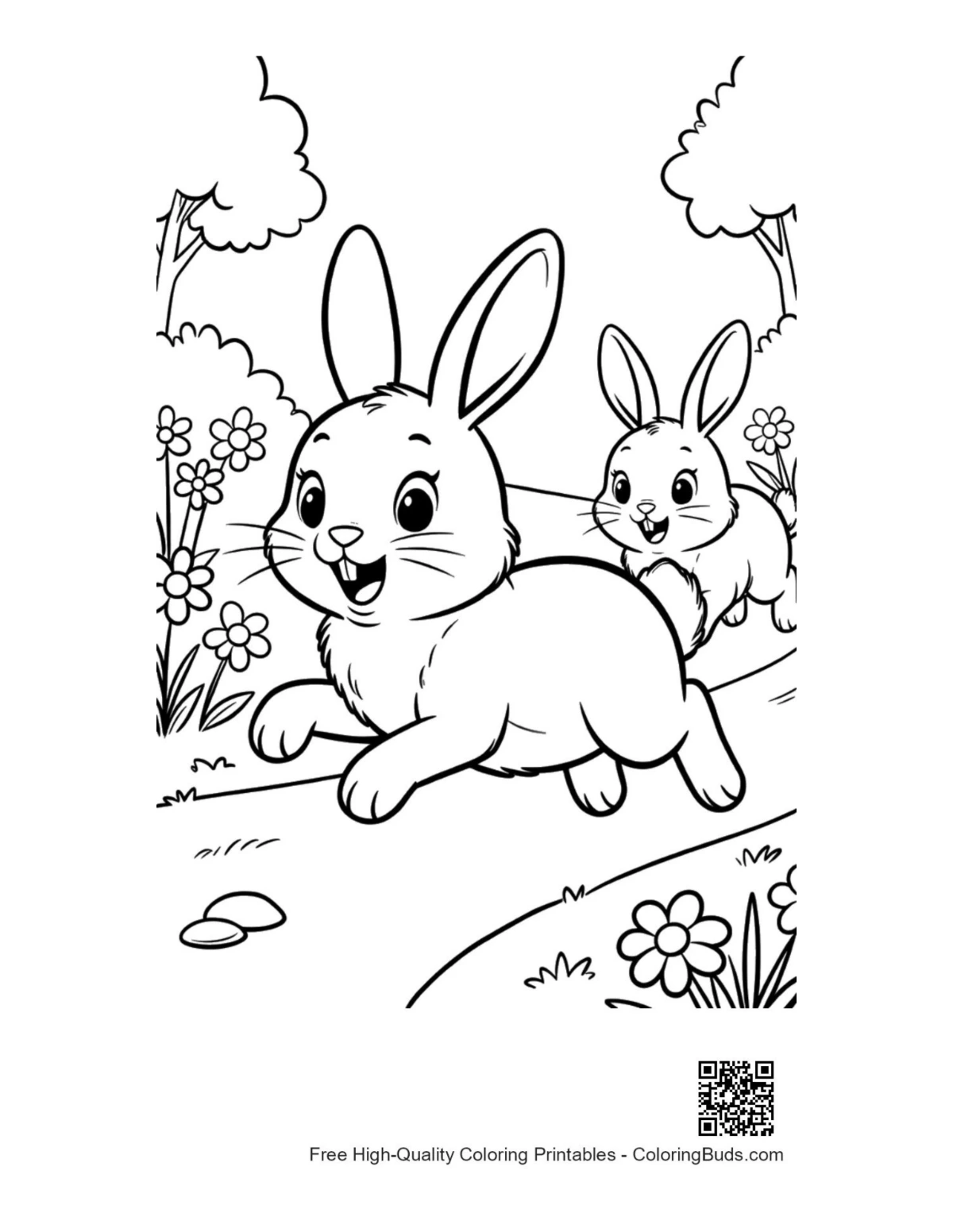 Playful rabbit running in sunny field coloring page