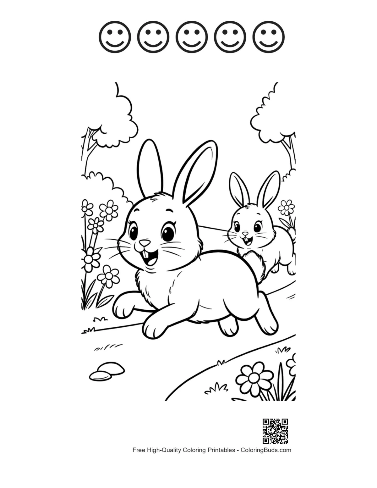 Rabbit sunny field with 5 happy faces outline