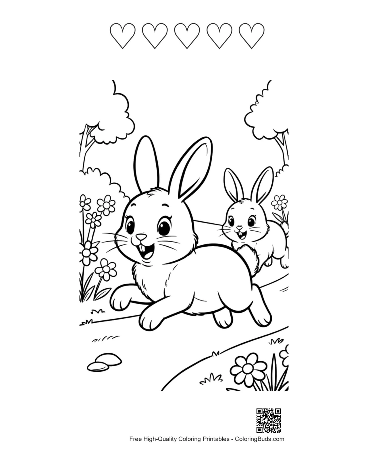 Playful rabbit field printable with 5 hearts