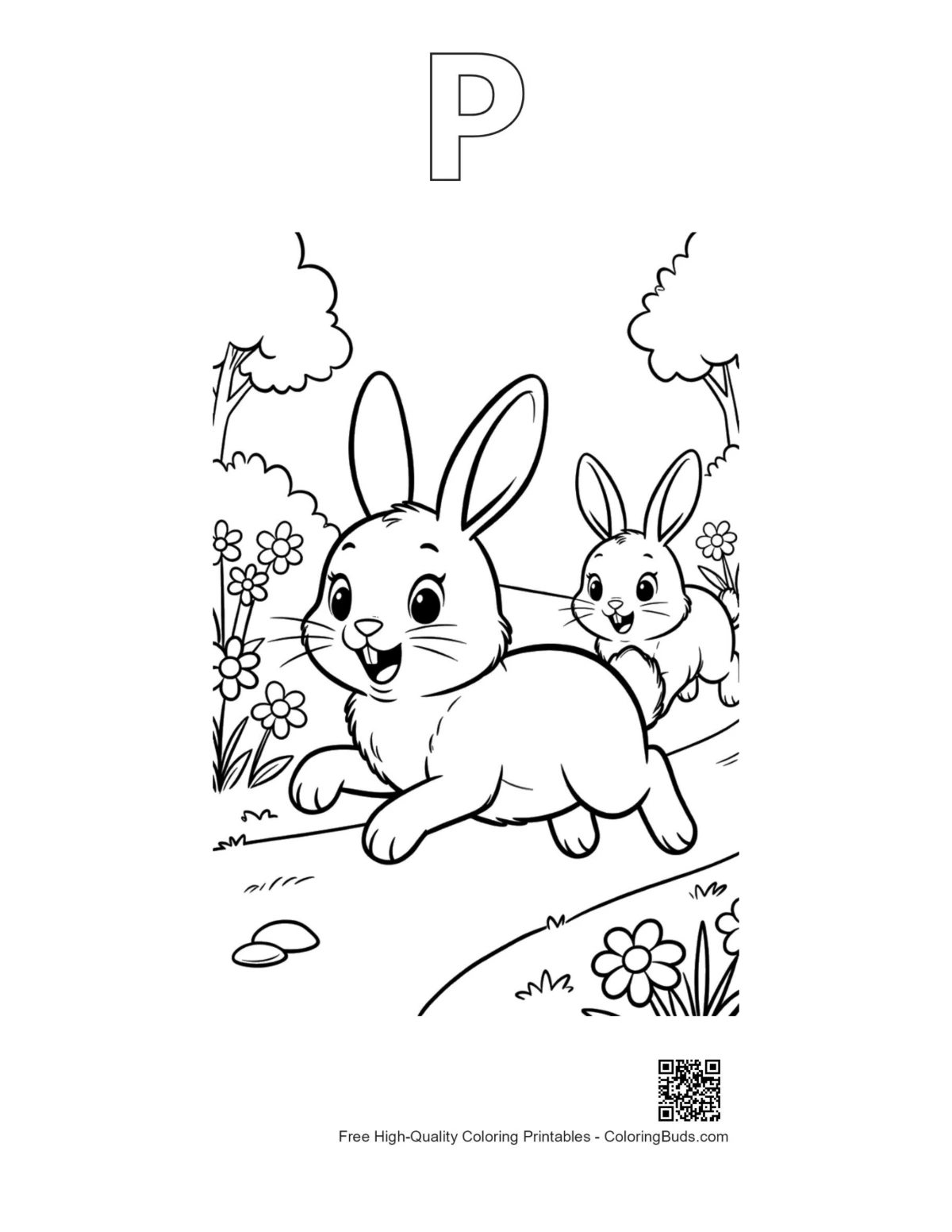 Rabbit sunny field coloring with alphabet P outline