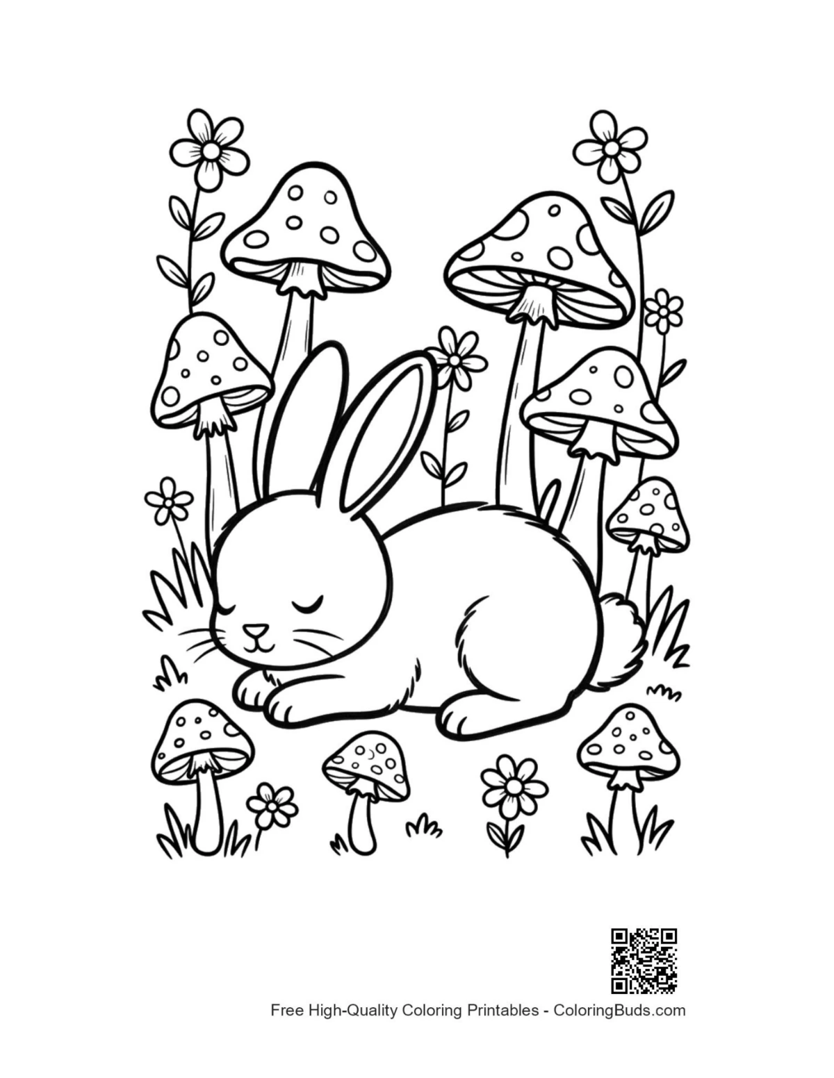 Sleepy bunny rabbit napping under giant mushrooms printable