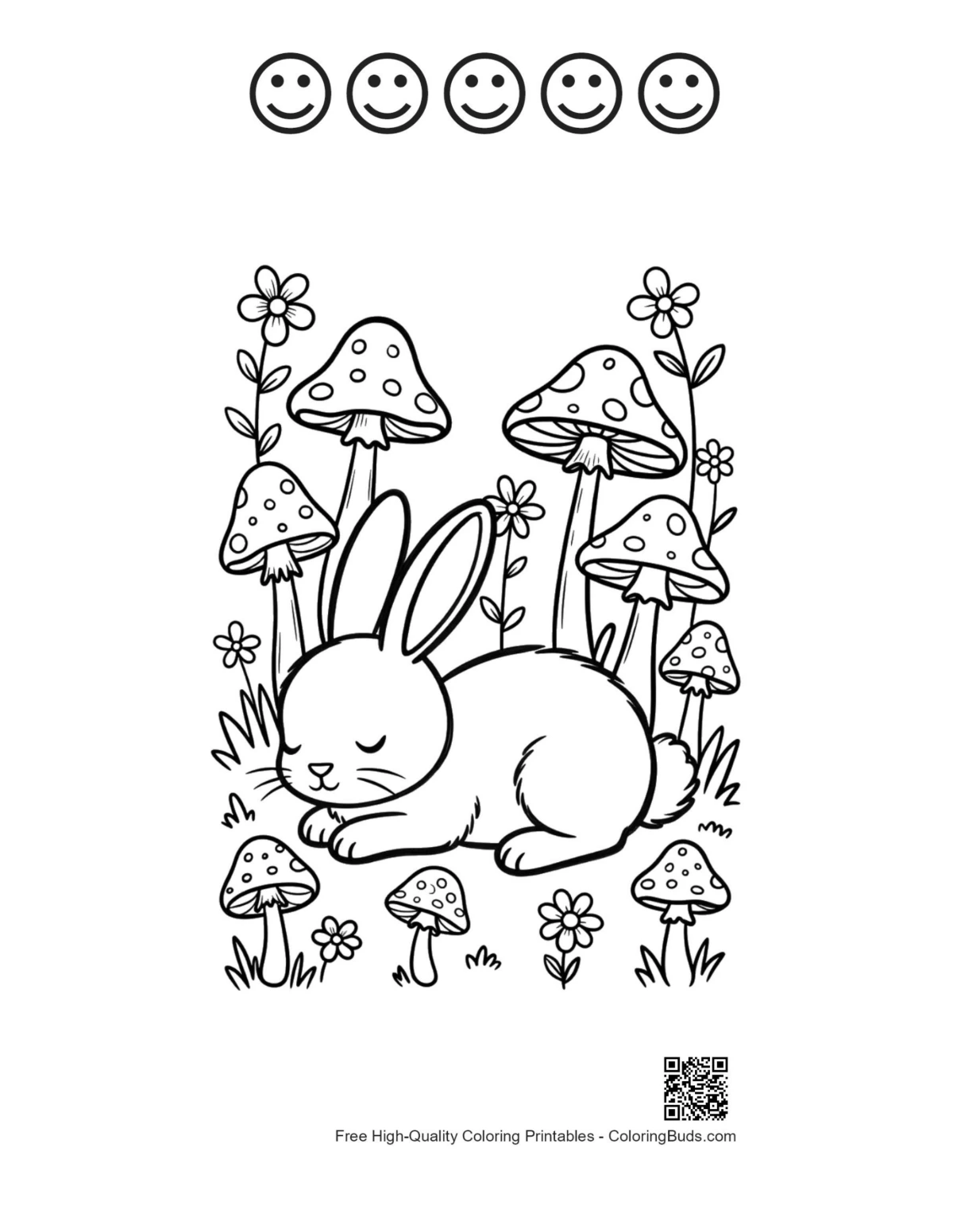 Sleepy bunny with 5 happy faces outline mushrooms printable