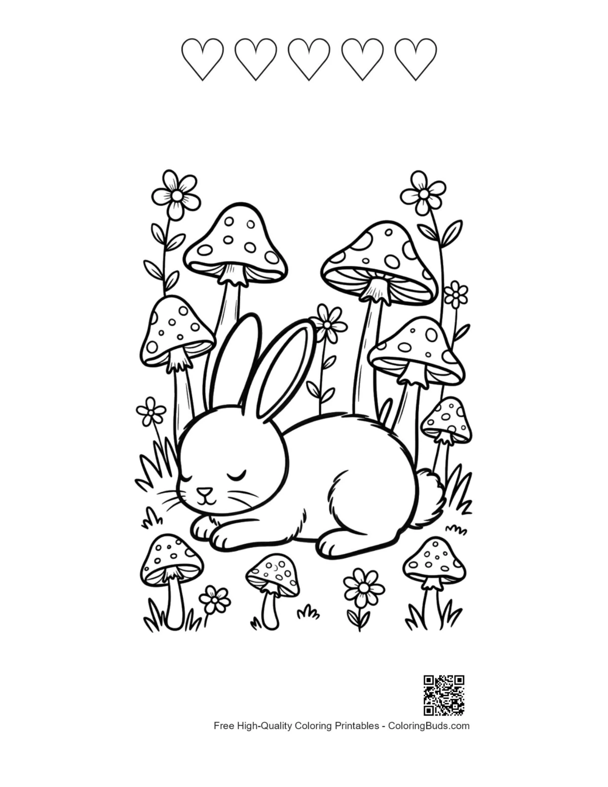 Sleepy bunny mushrooms printable 5 heart outlines