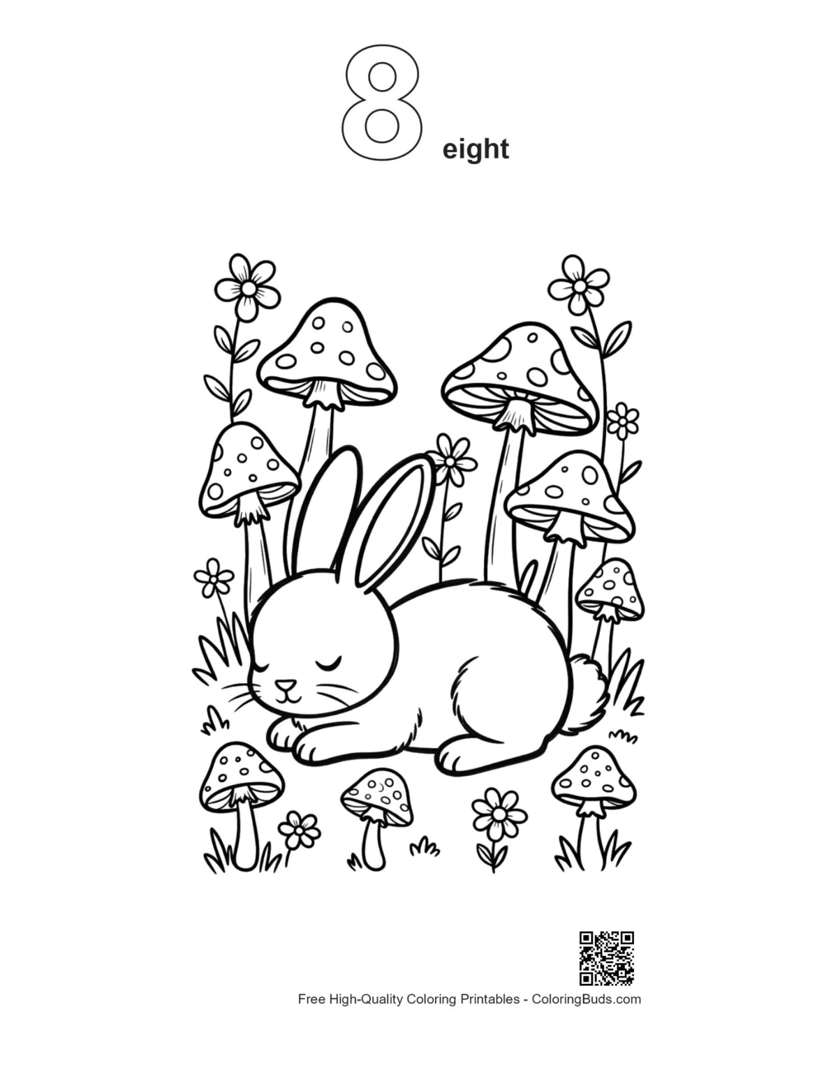 Sleepy bunny napping mushrooms printable outline number 8