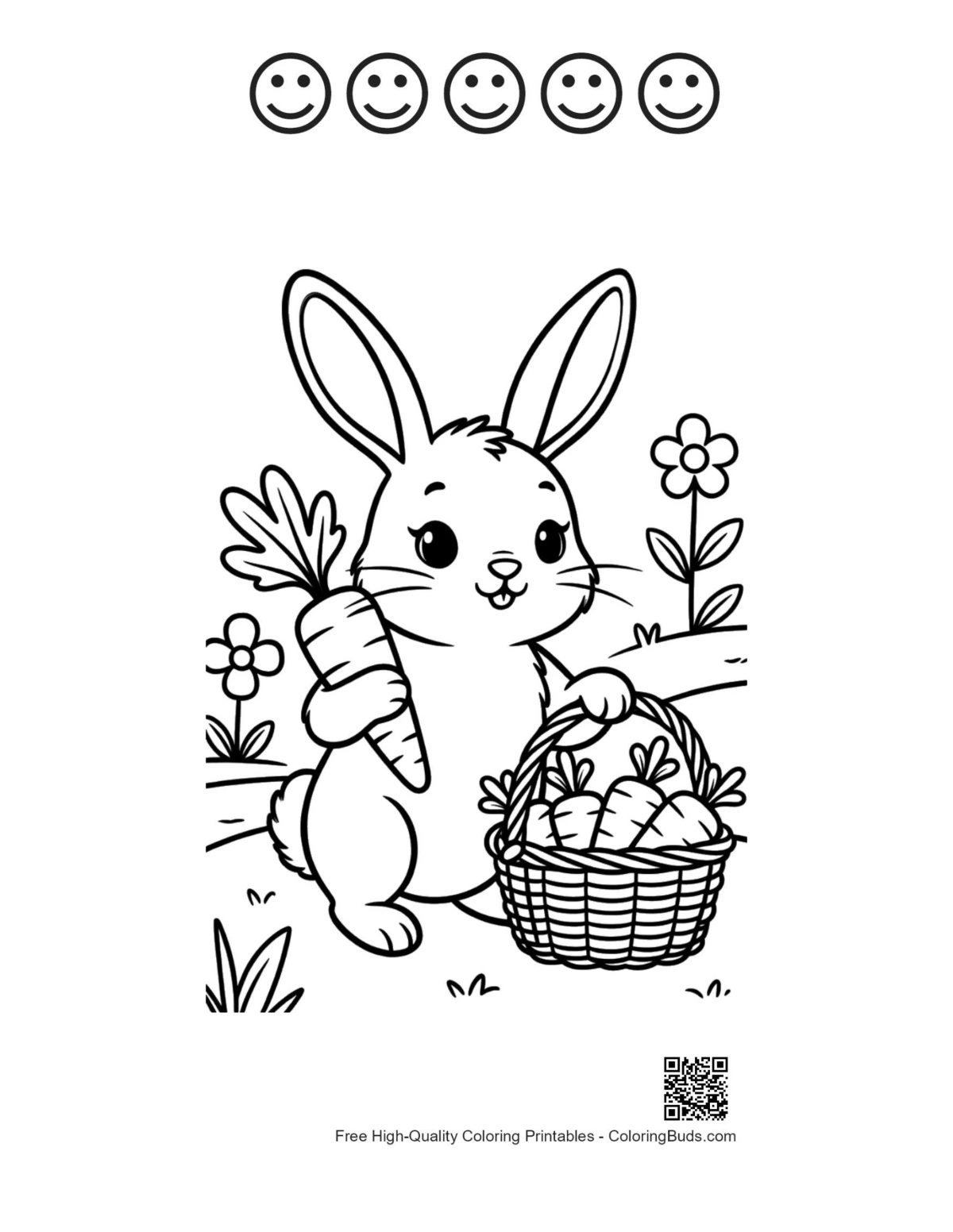 Happy face outlines on bunny coloring sheet