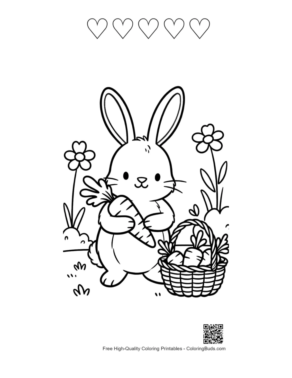 Bunny carrot coloring with 5 heart outlines printable