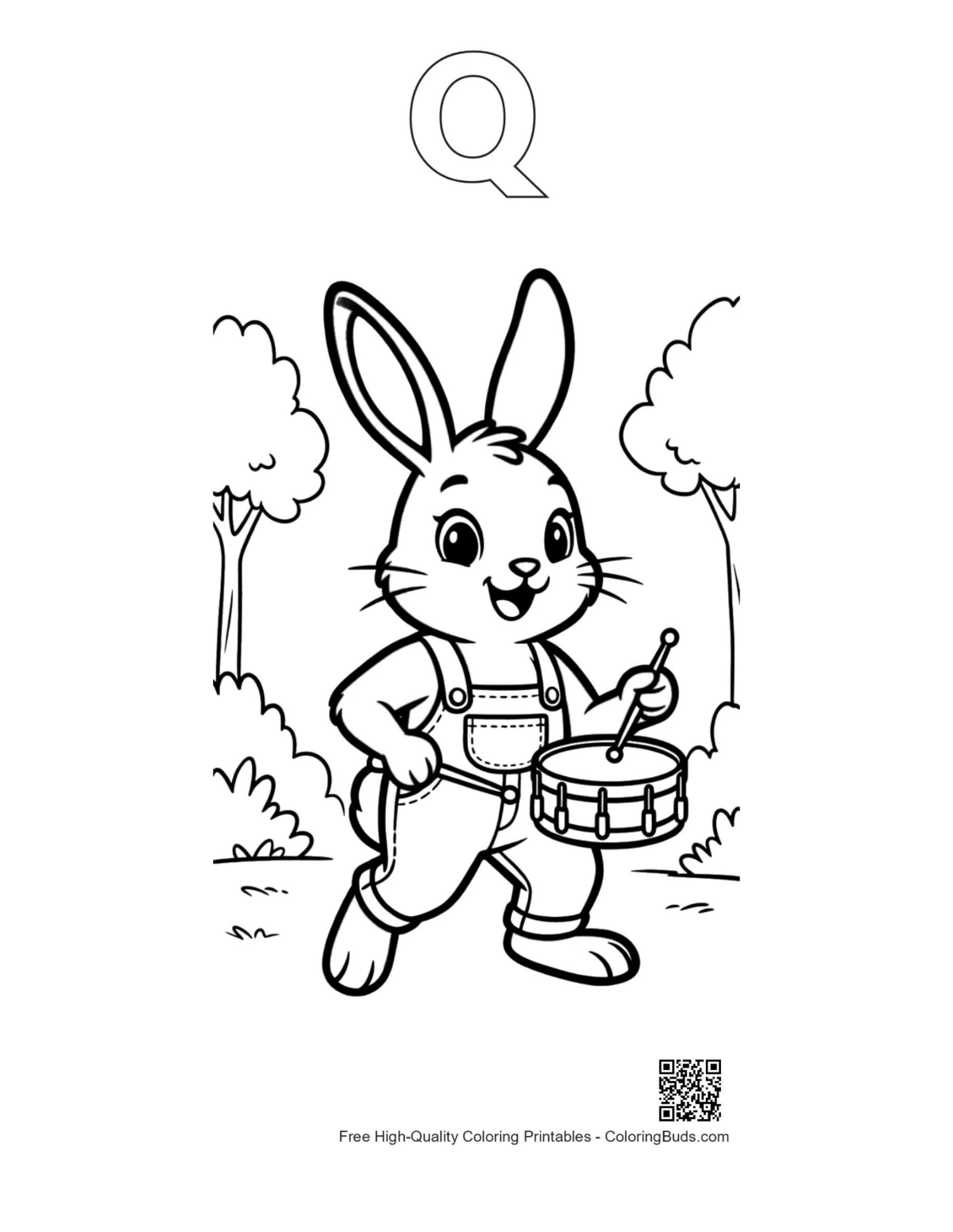 Jackrabbit drummer forest outline alphabet Q page