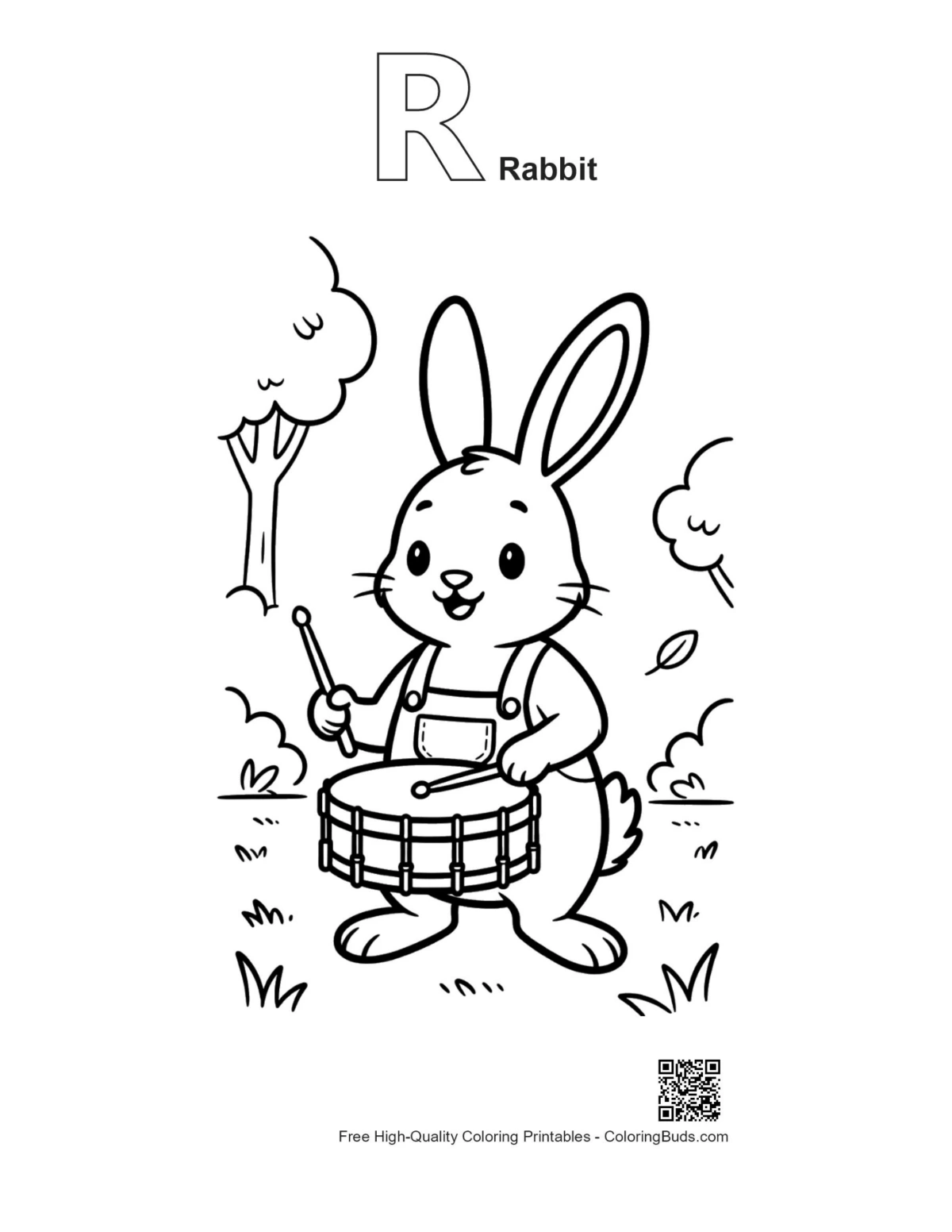 Jackrabbit drumming outline with R rabbit alphabet printable