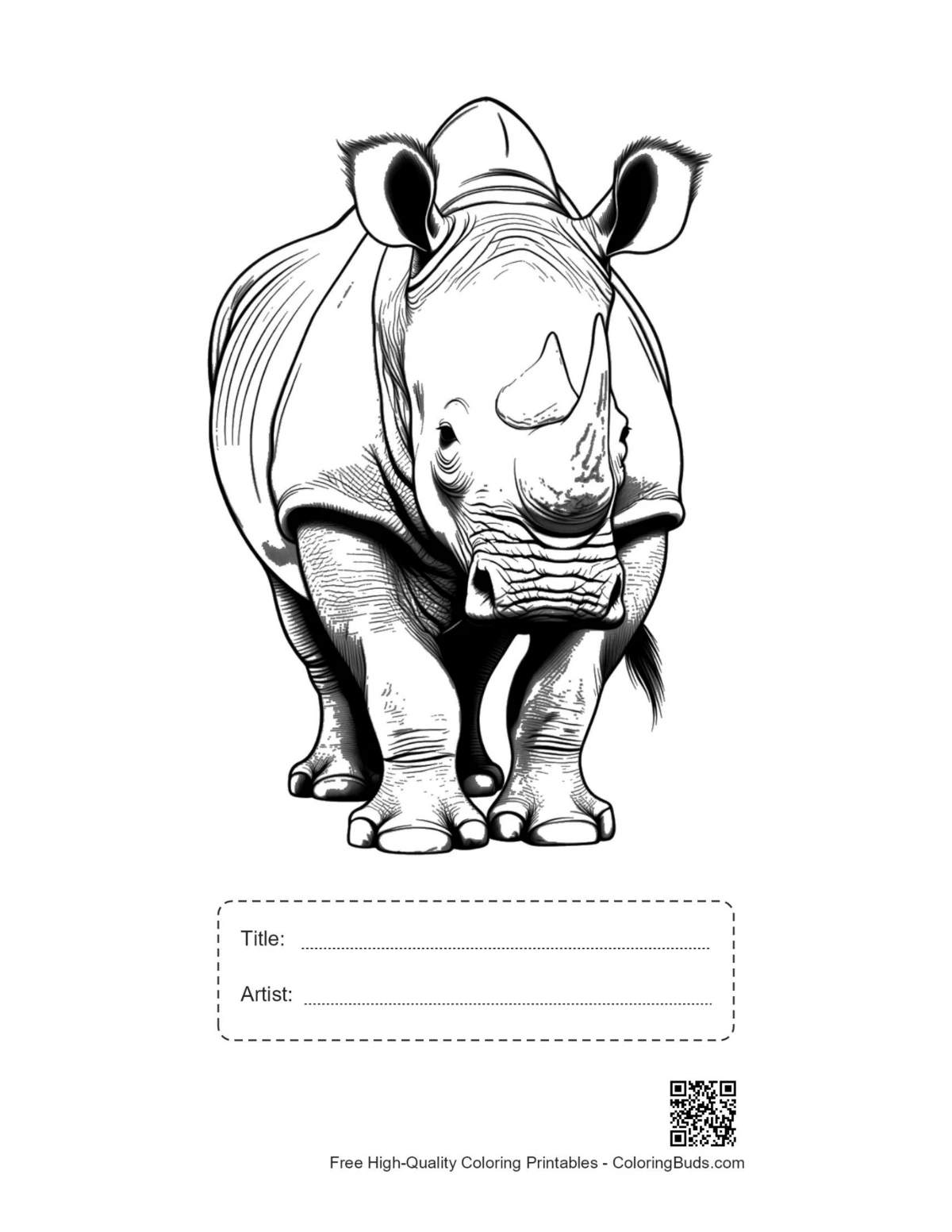 Printable White Rhino line art with title box