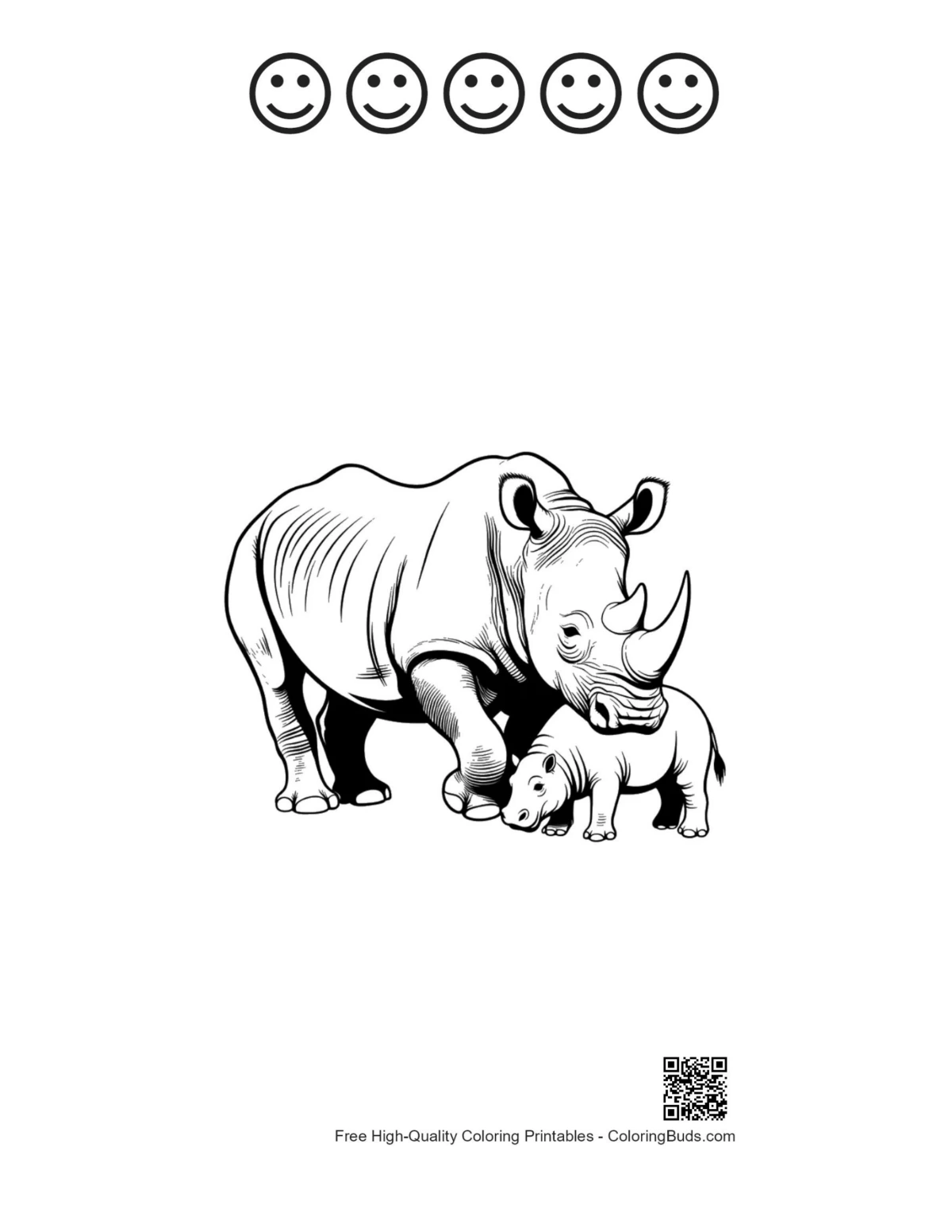 White rhino printable with happy face outlines