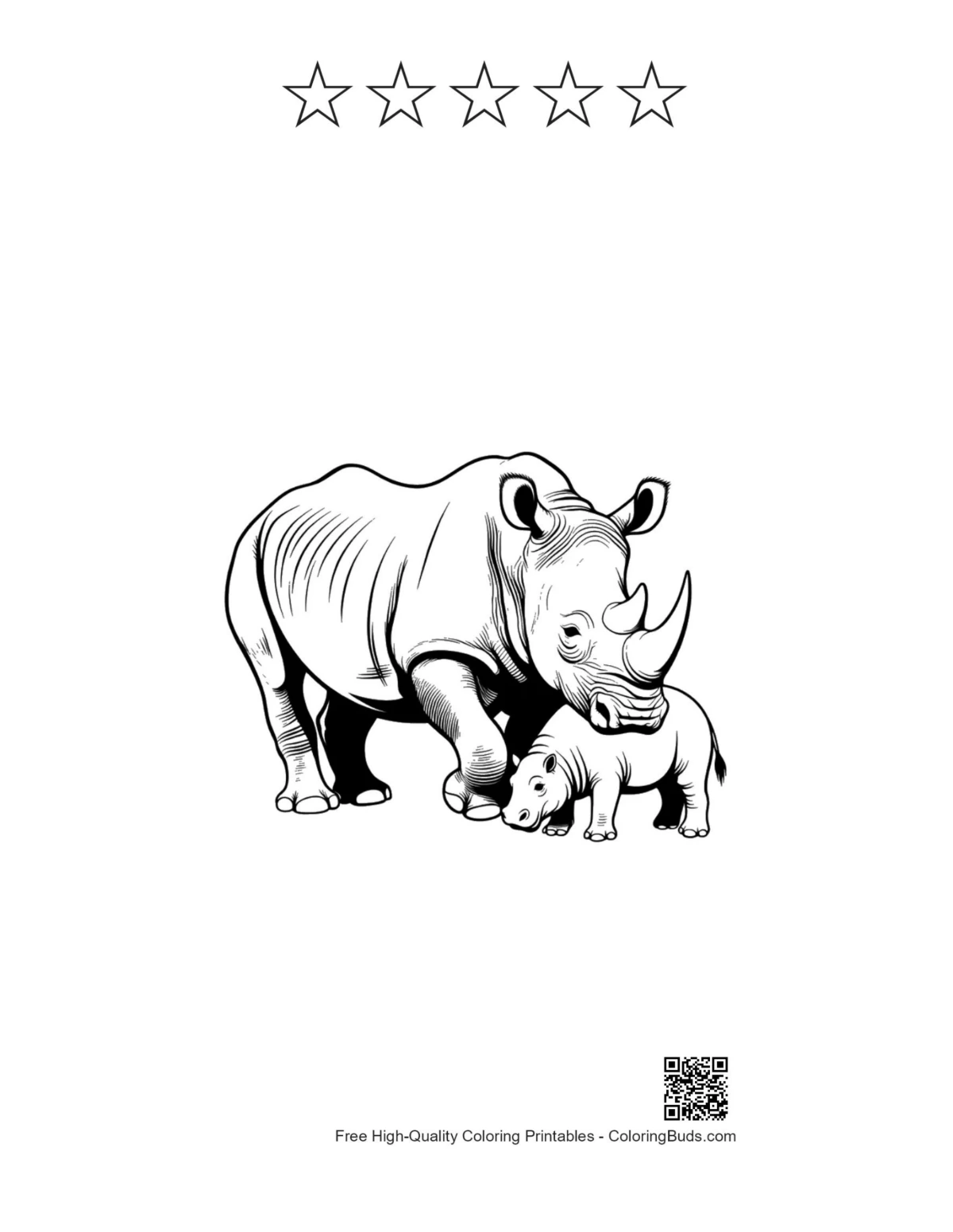 Printable white rhino with 5 star outlines