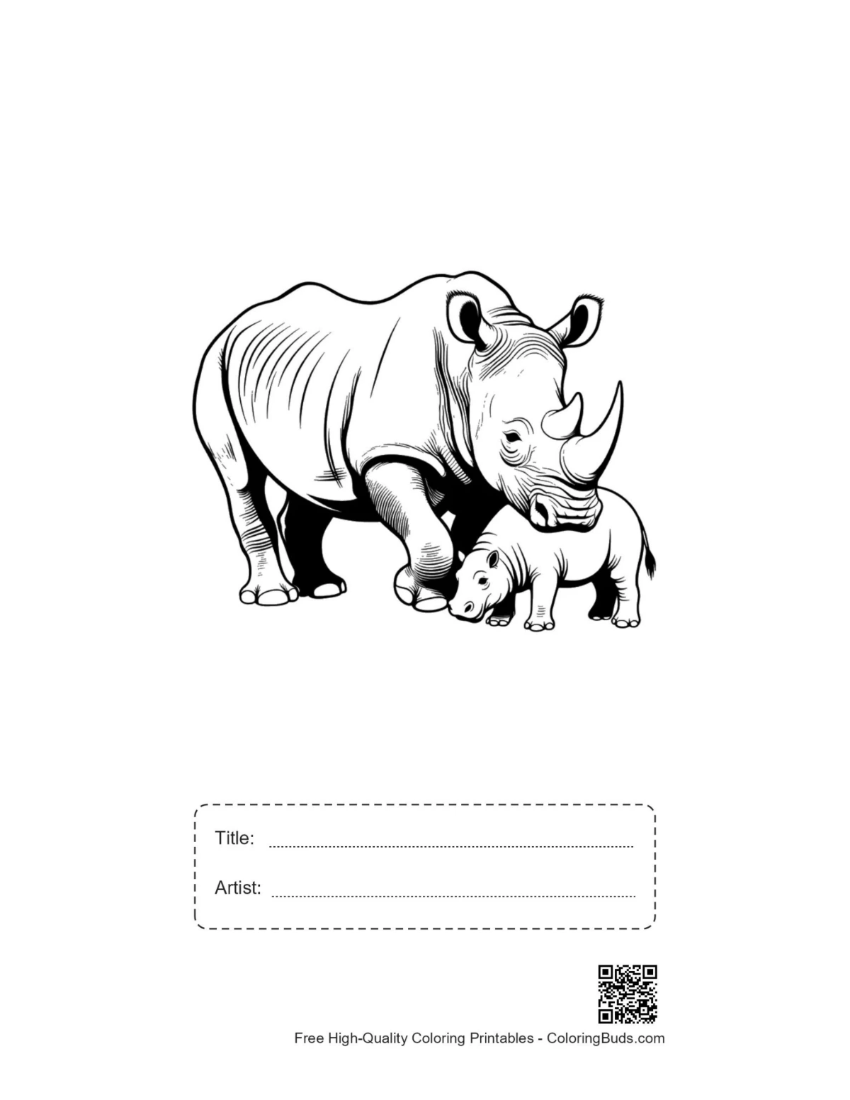 Printable white rhino mother calf with title box