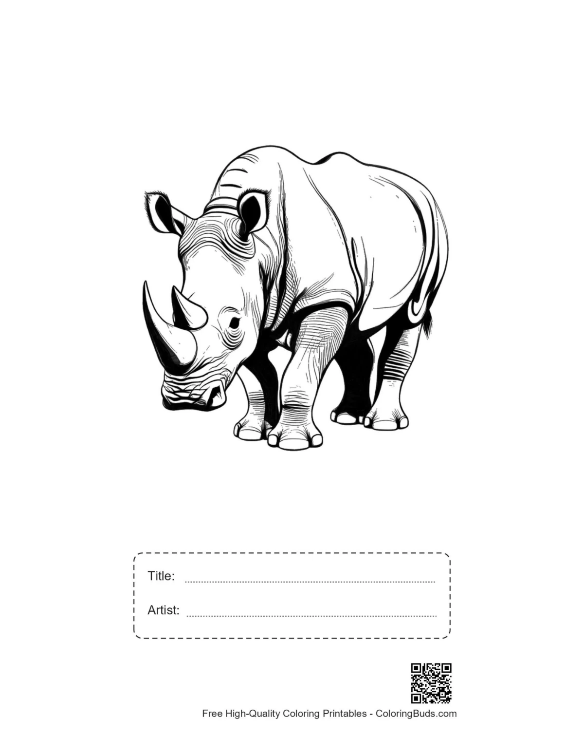 Printable white rhino stalking forward with title box